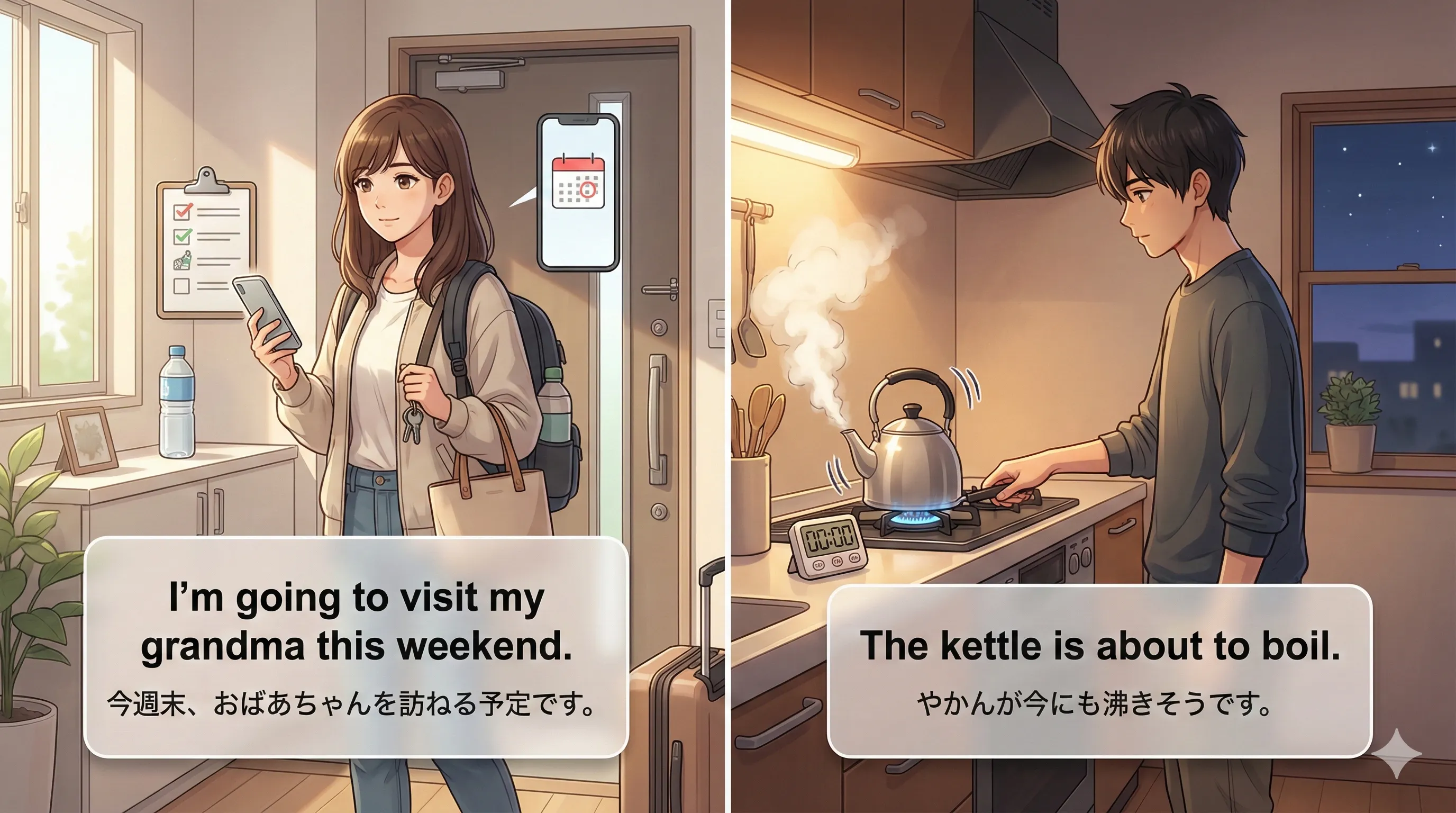 will/shallを使わない未来：going to / about to / 進行形 / 現在形の使い分けイメージ