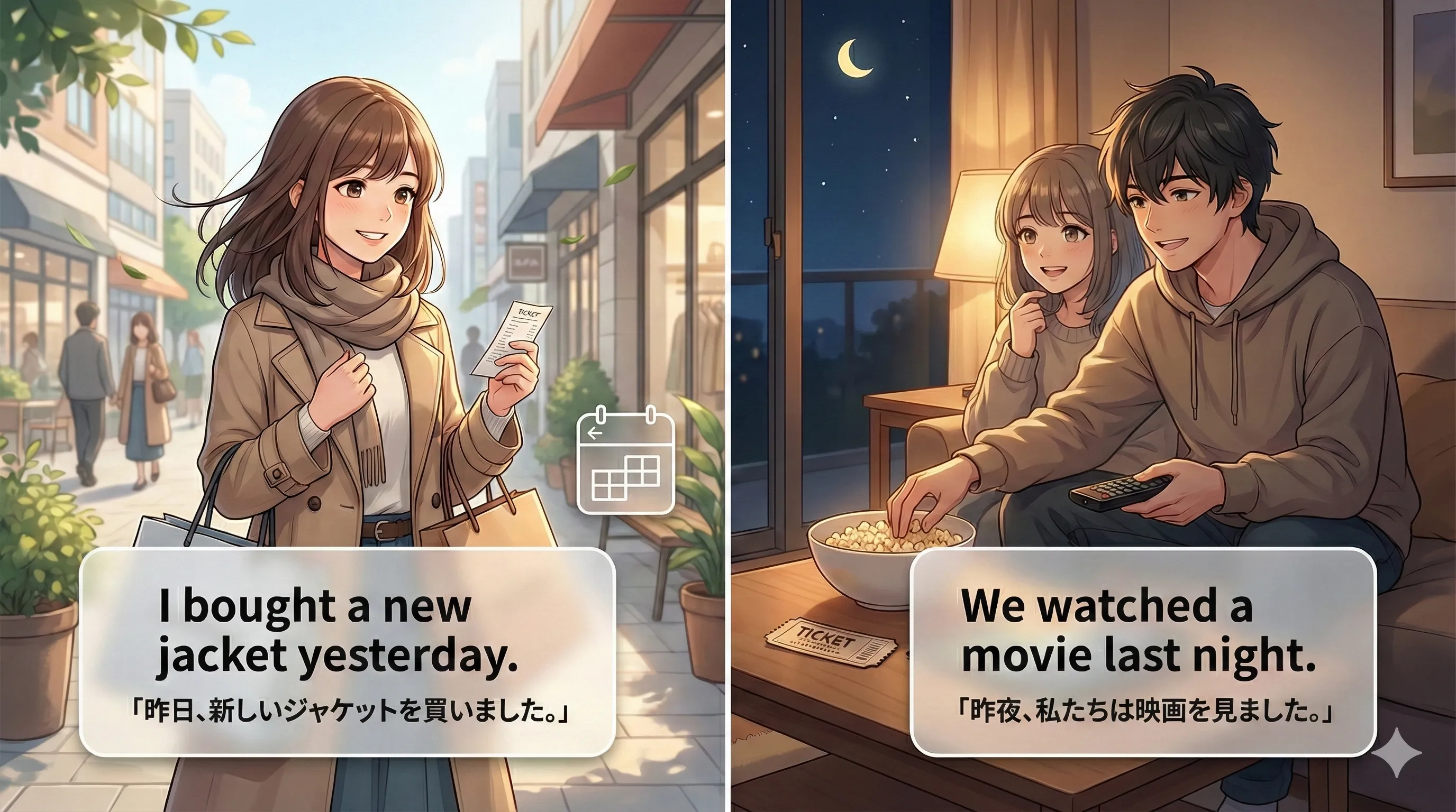 過去の動作：yesterday / last week など『終わった出来事』を過去形で言うイメージ