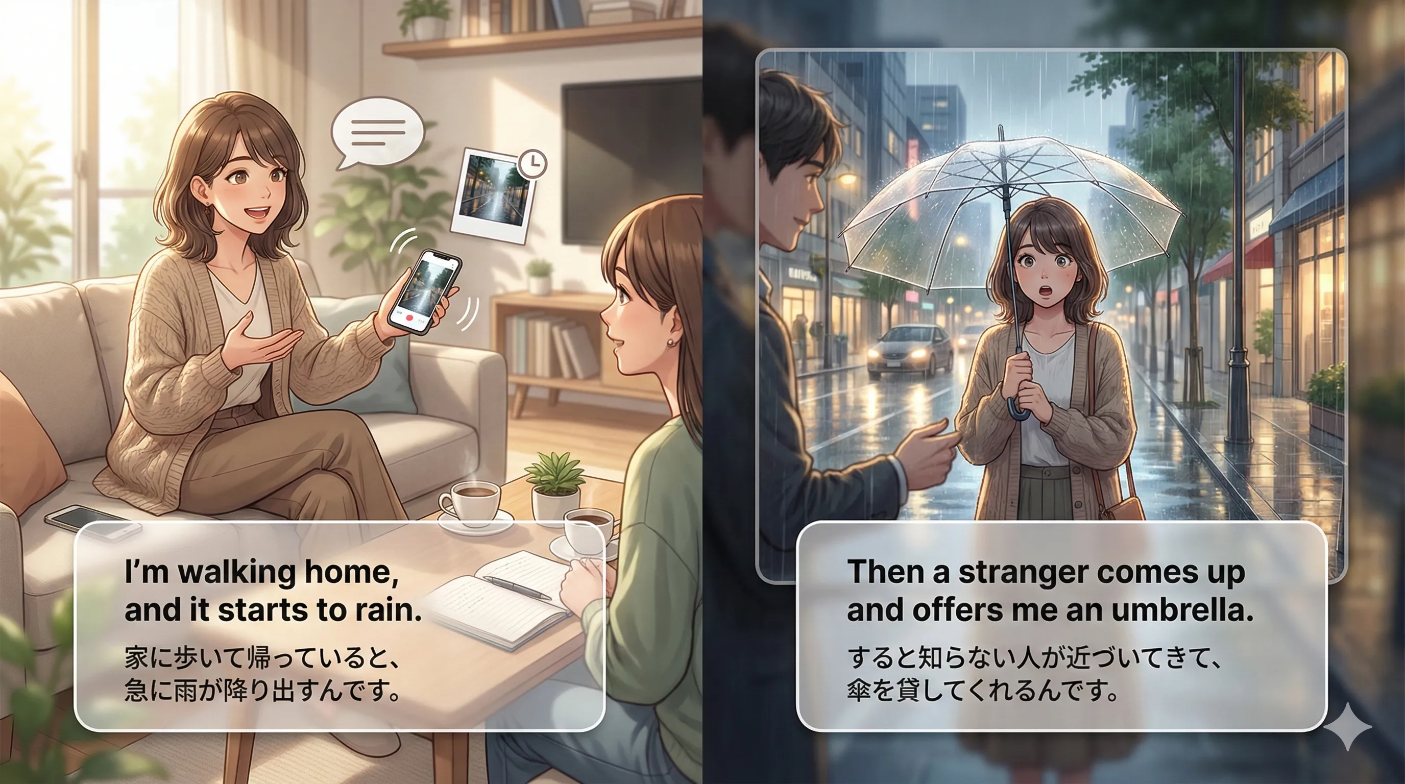 現在形で過去を描写する（ヒストリカル・プレゼント）：物語や体験談を臨場感たっぷりに話すイメージ