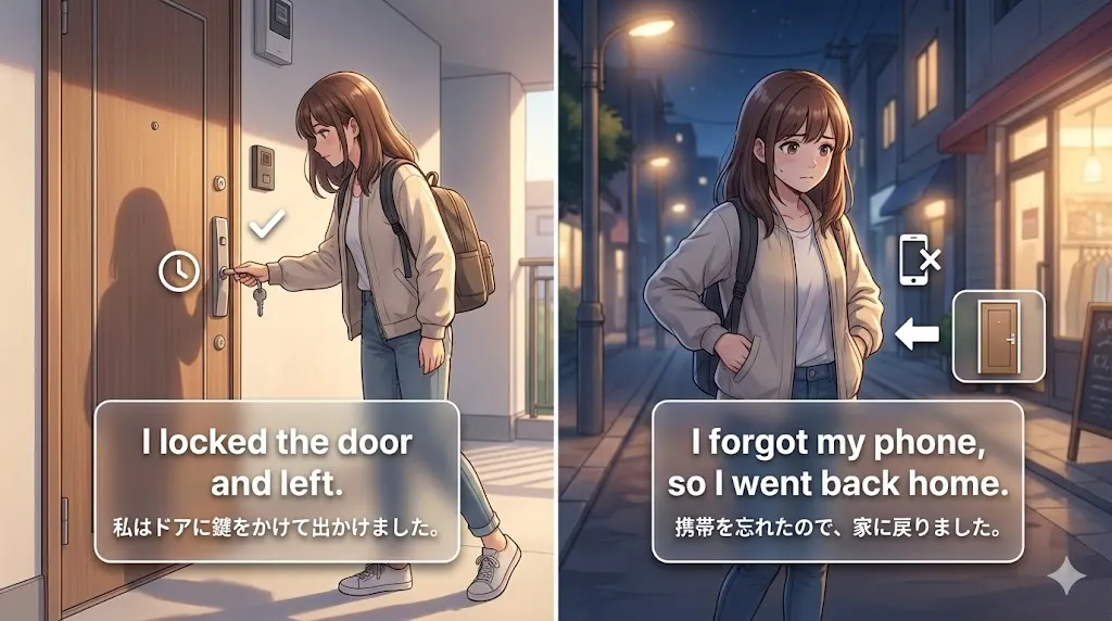 過去完了の代用：文脈や接続語で『先→後』がわかるときは過去形でも順序が伝わるイメージ