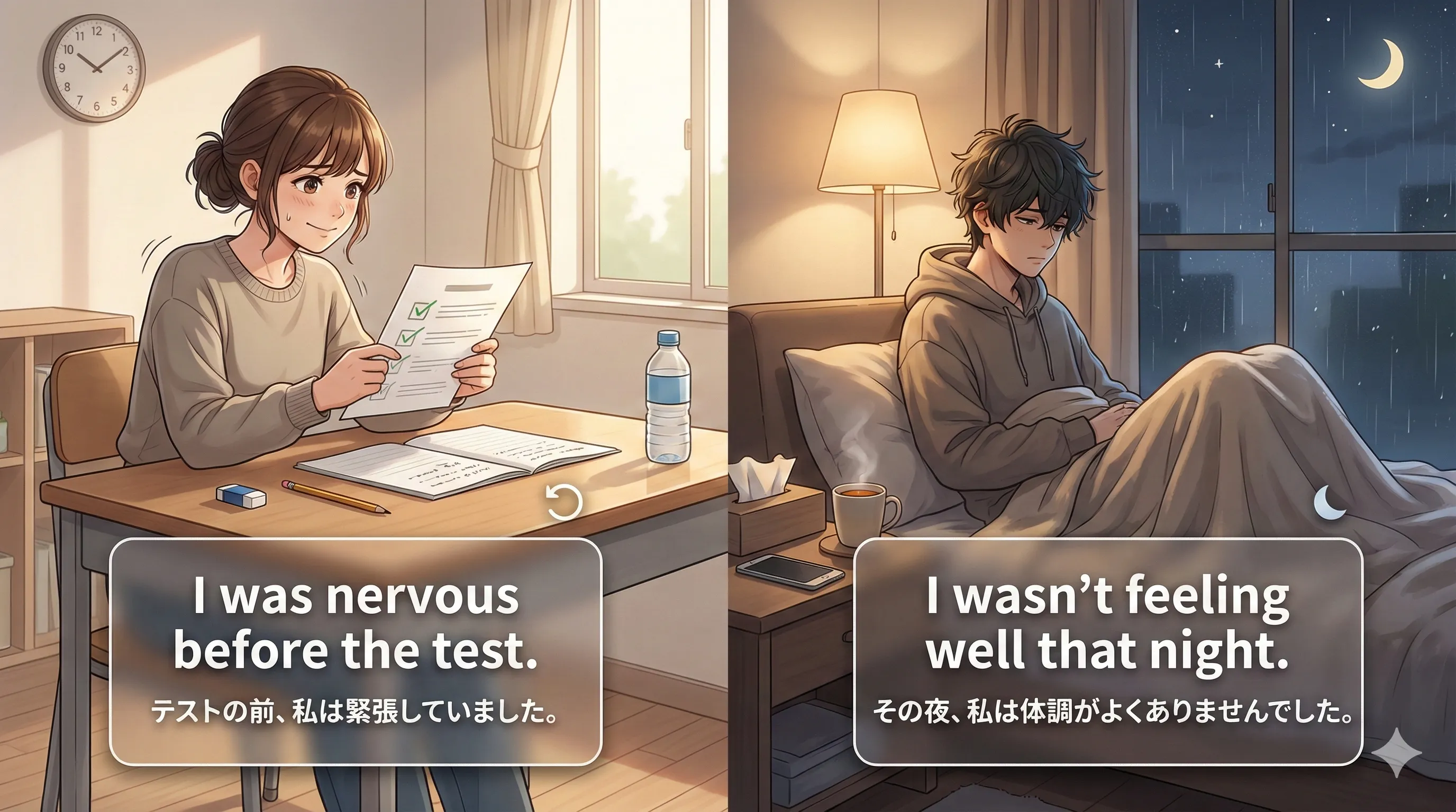 過去の状態：その時の気持ち・状況（was / were, felt, seemed など）を描写するイメージ