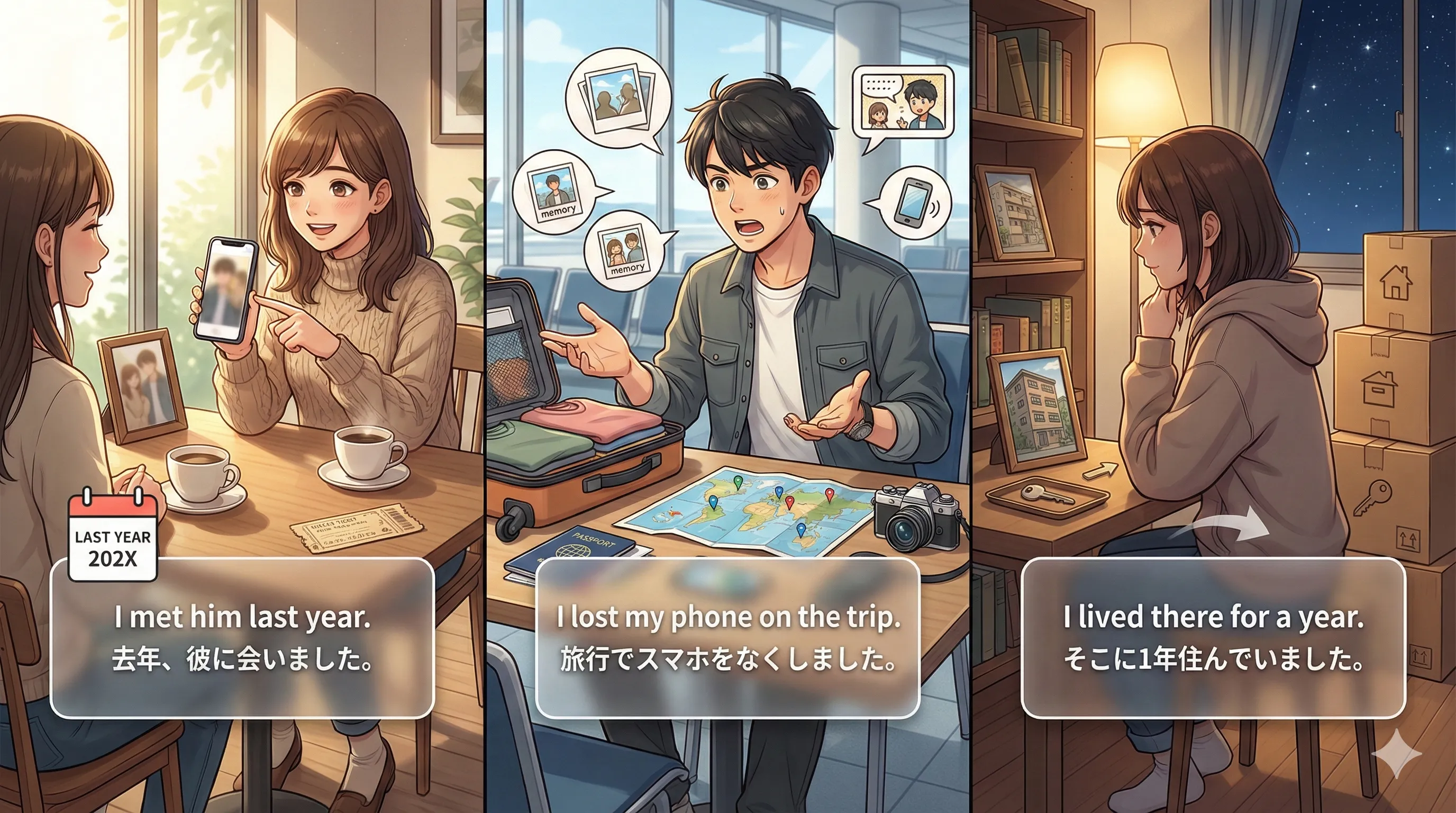 現在完了と過去形の判断：今とつながるか／過去の時点があるかで分けるイメージ