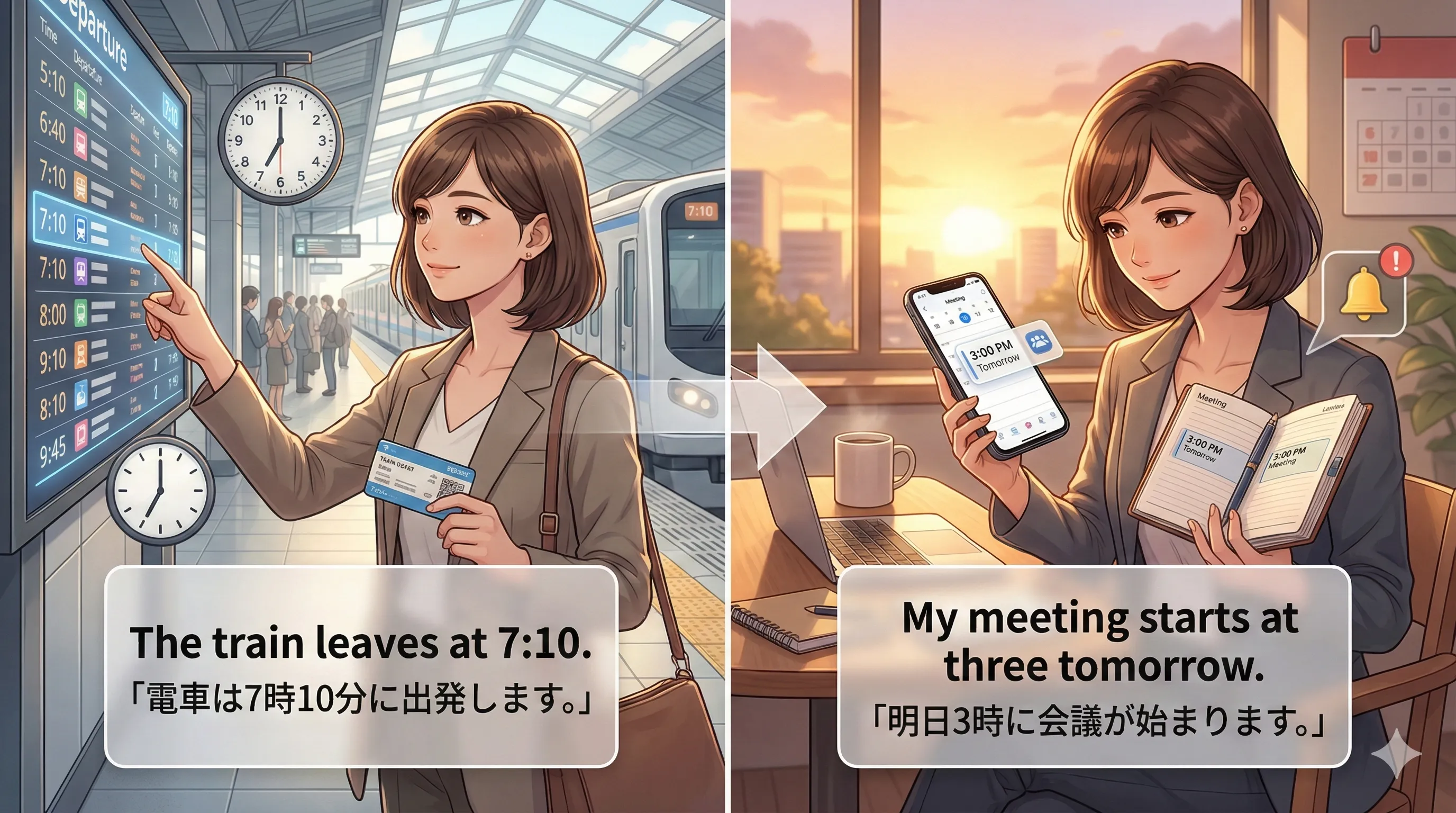 現在形で未来を表す：時刻表・確定予定（train leaves / class starts など）のイメージ