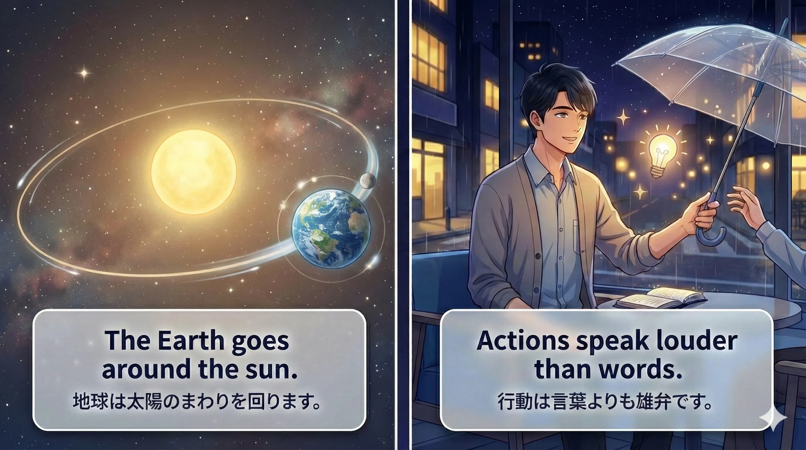 現在時制で表す『一般的な事実・真理・ことわざ』：いつでも成り立つルールや格言のイメージ