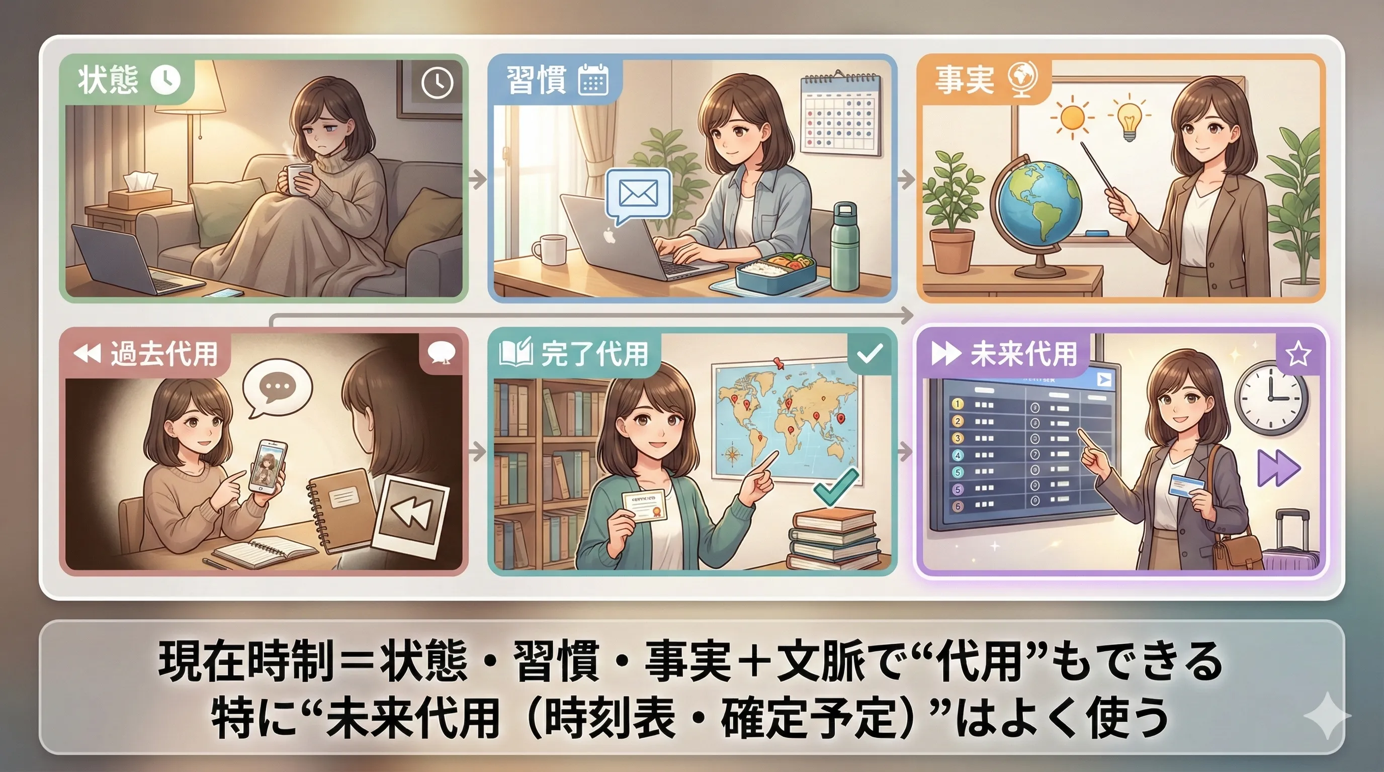 現在時制のイメージ（状態・習慣・事実と、代用の使い方）