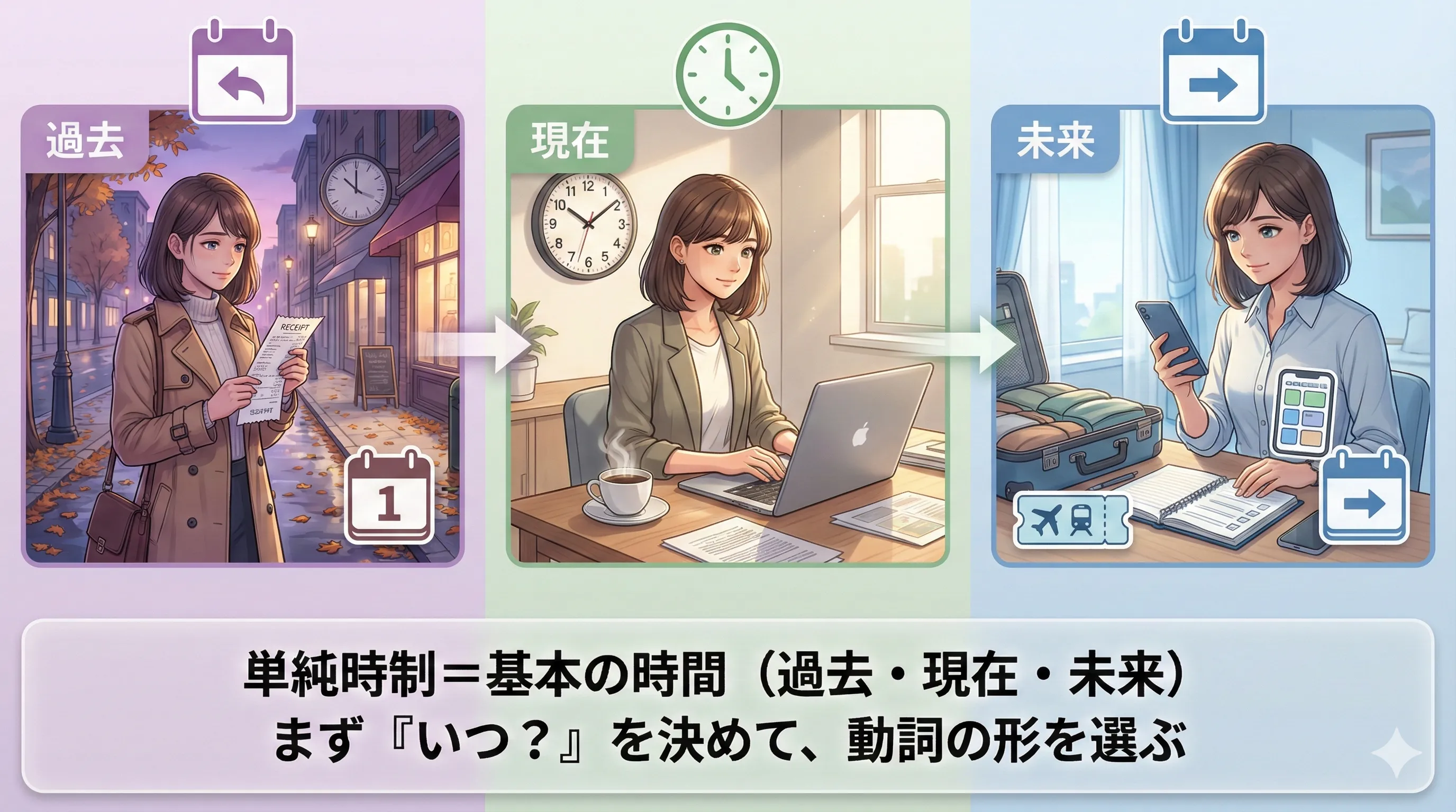 単純時制（基本時制）：現在・過去・未来のイメージを図で整理