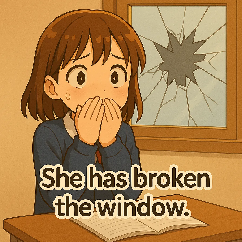 She has broken the window. 結果が今も続いている現在完了