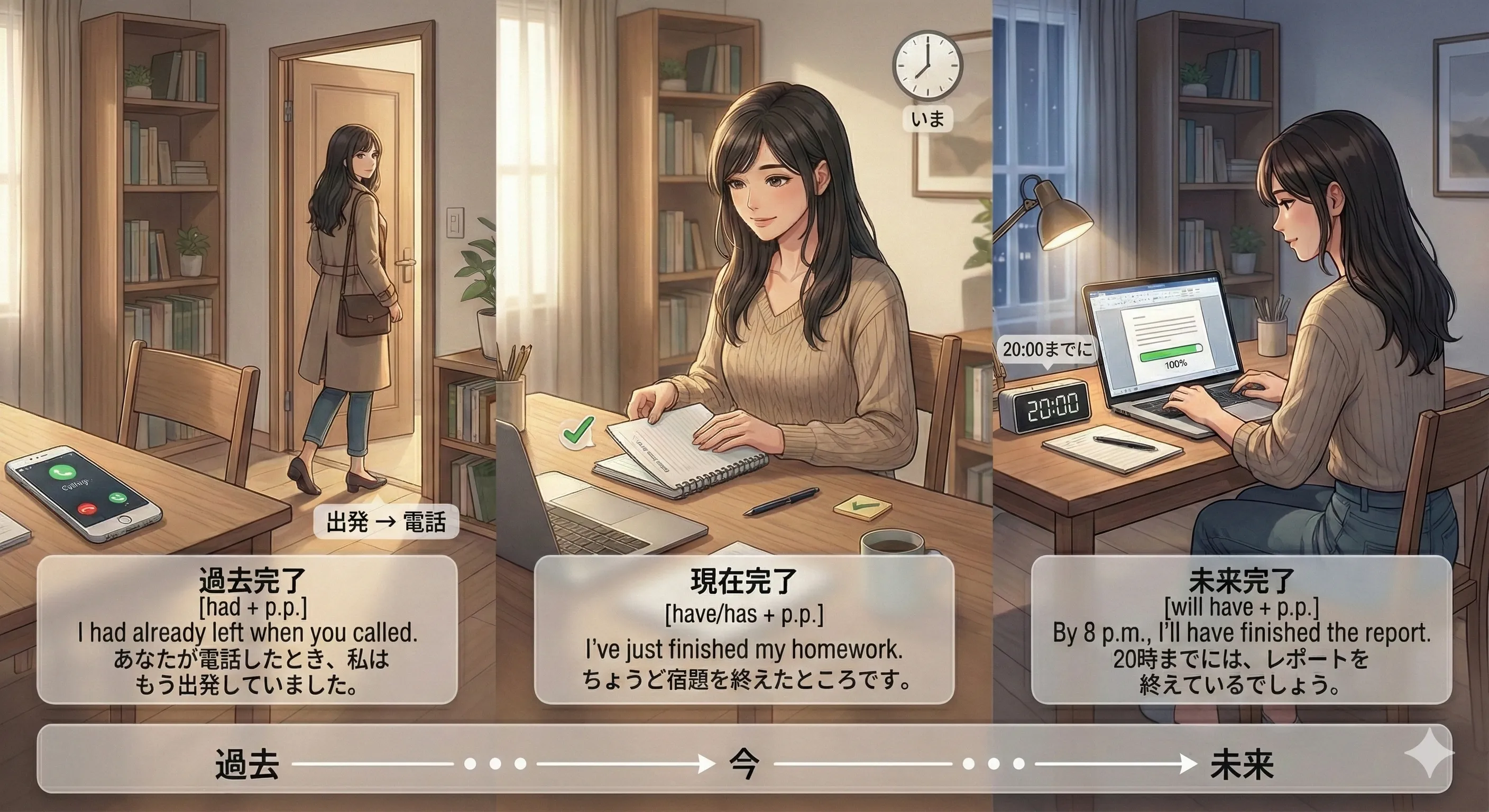 完了時制（現在完了・過去完了・未来完了）の全体像：基準点（今・過去・未来）と完了/結果/経験/継続の考え方