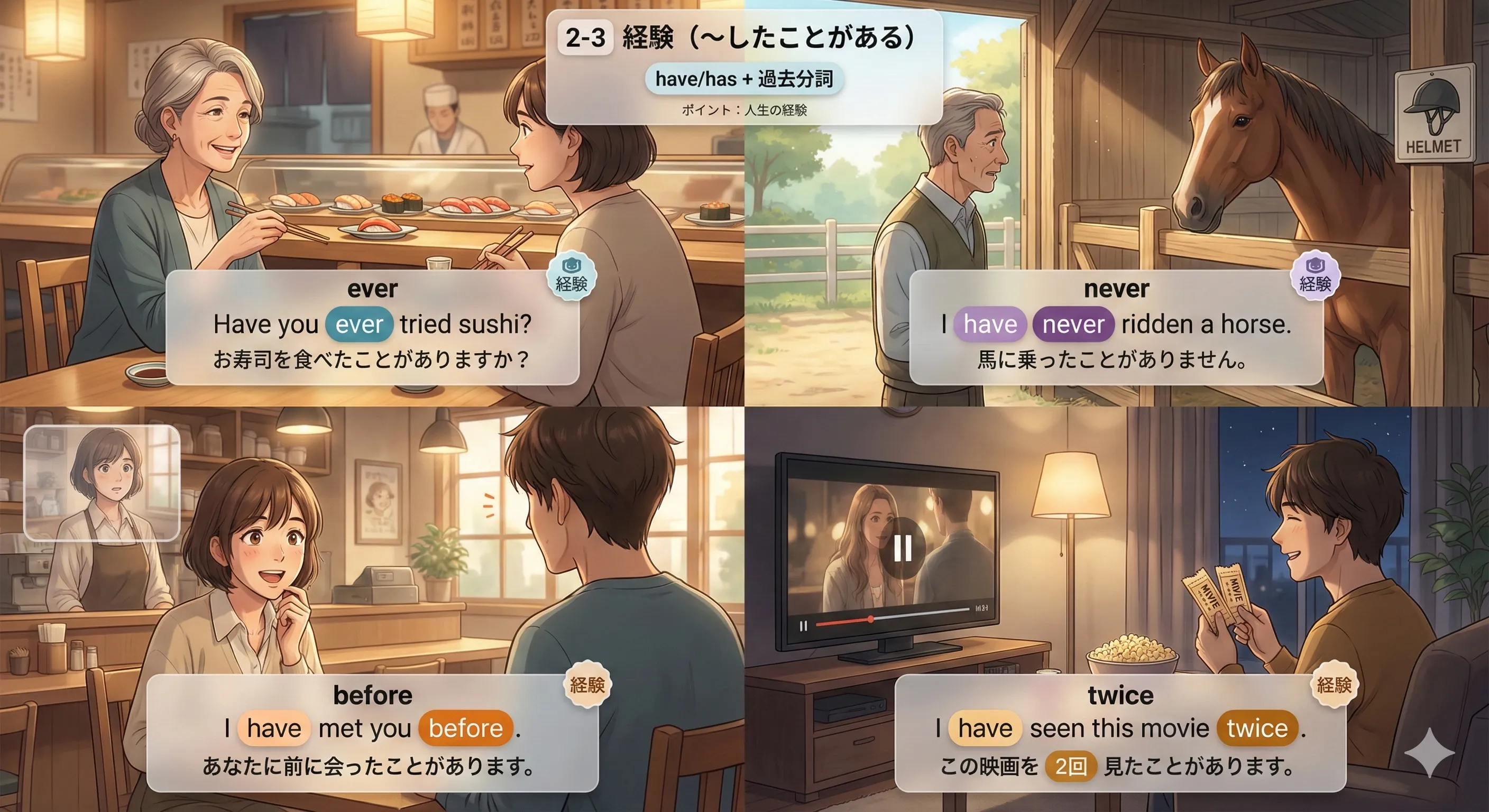 現在完了（経験）：今までに経験したことがある／ない（ever / never / before）を整理する図