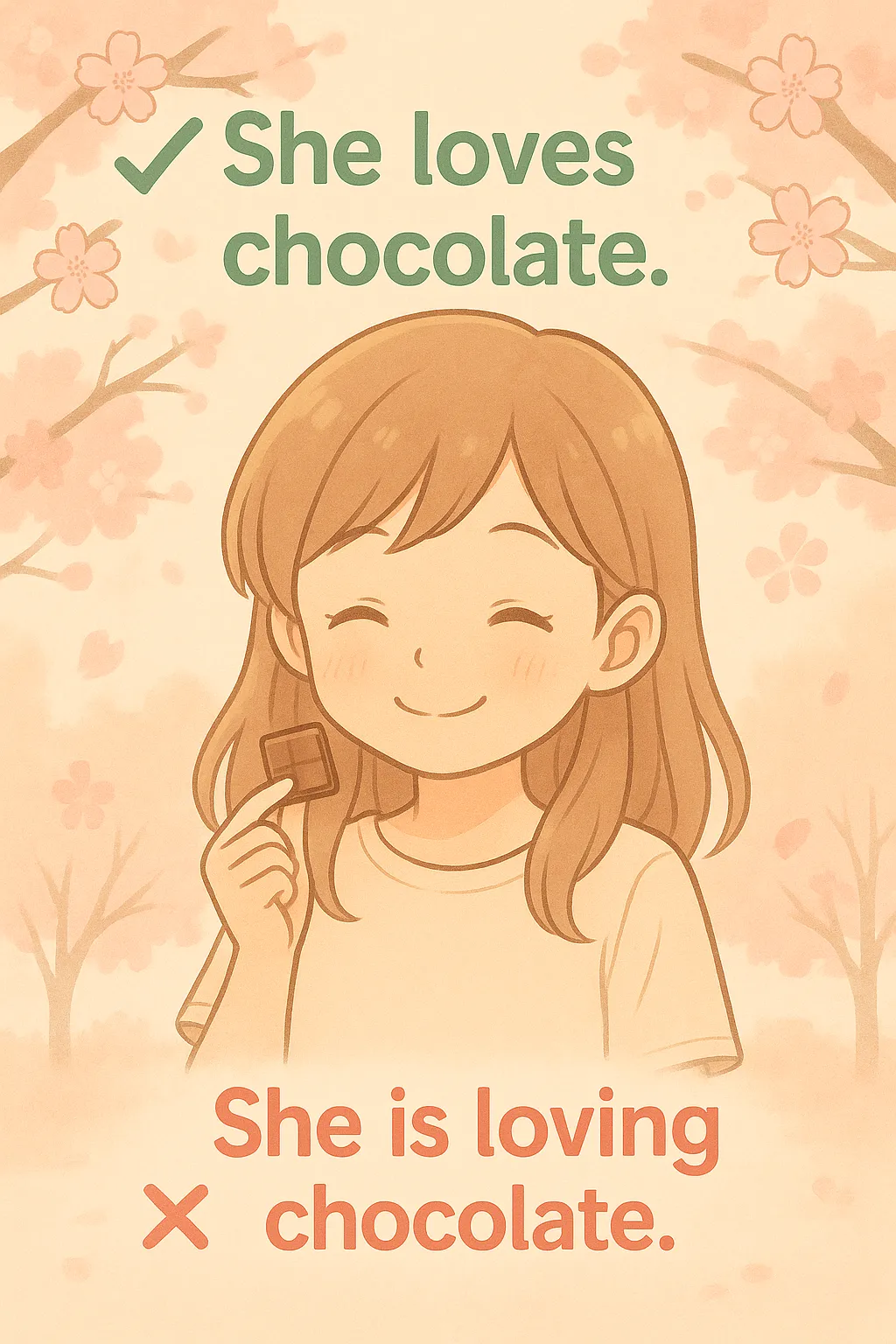 チョコレートを見て微笑む少女と進行形が使えない動詞の文法例