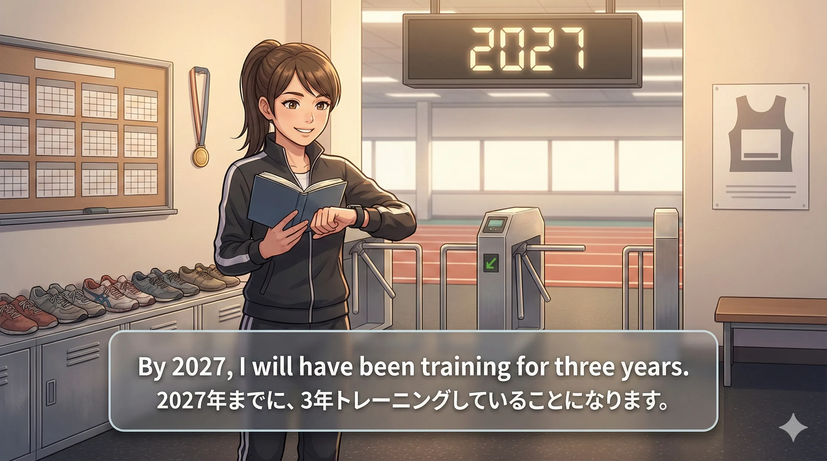 未来完了進行形（期間）：未来のある時点まで続いて、その時点で何年になるかを示す図