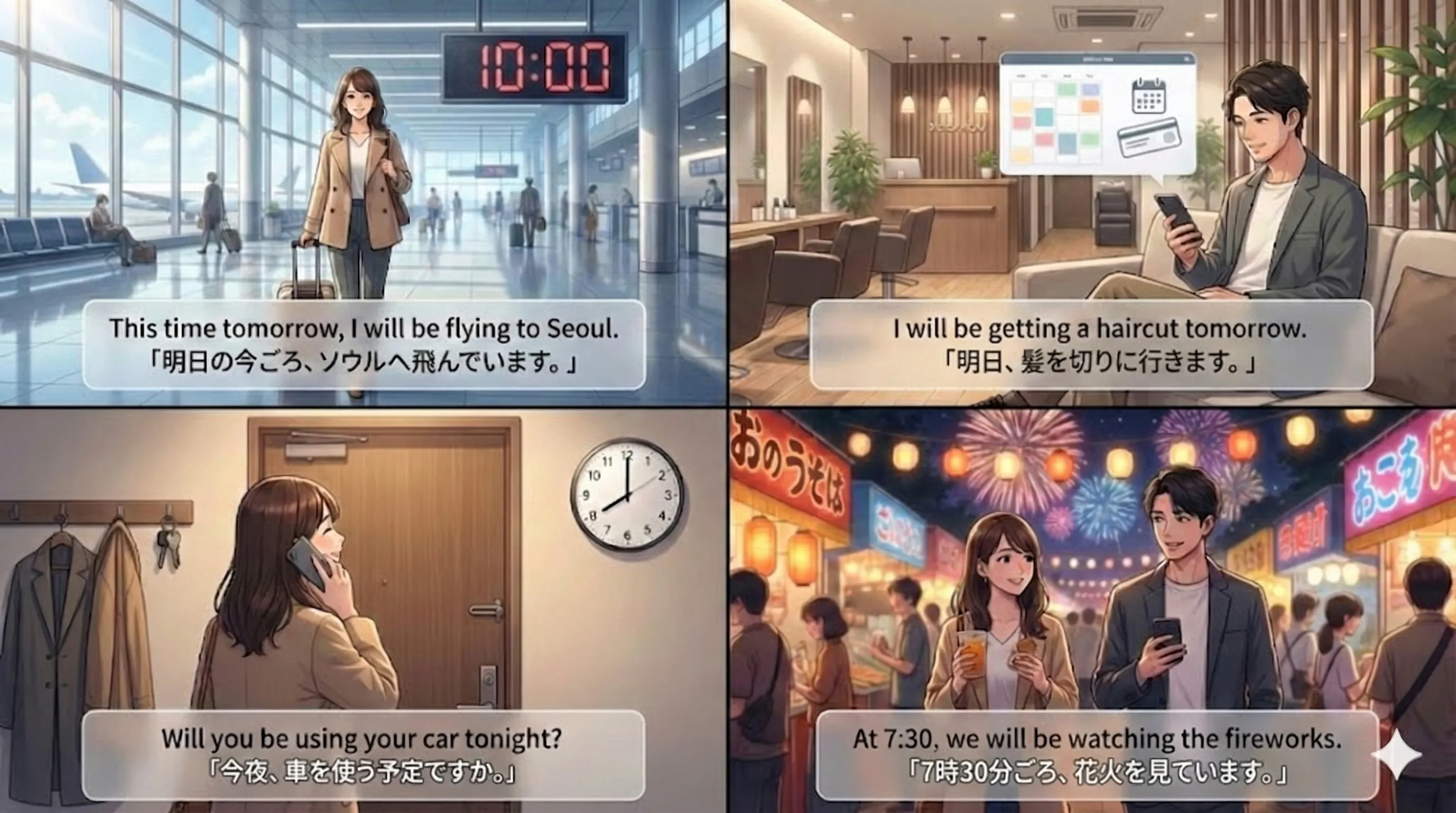 未来進行形 will be + ing：未来のある時点で進行中＝未来の途中の場面を描くイメージ