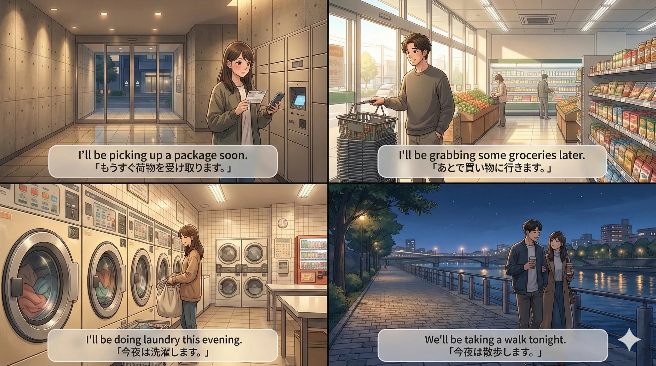 未来進行形で予定をやわらかく：will be + ing は未来の流れの中で予定を伝えるイメージ