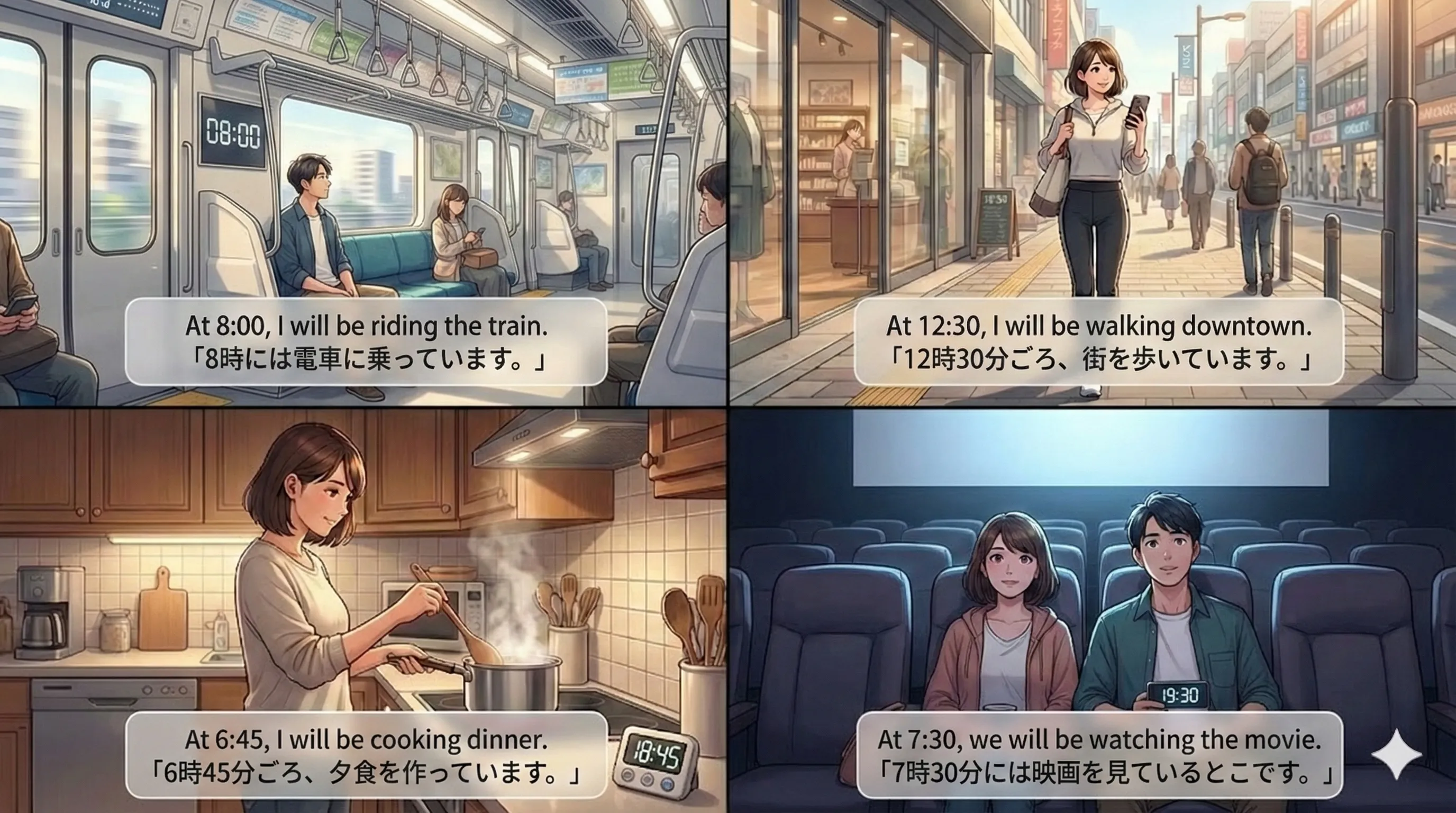 未来進行形 will be + ing：未来のある時点で進行中（その時間は〜している最中）のイメージ