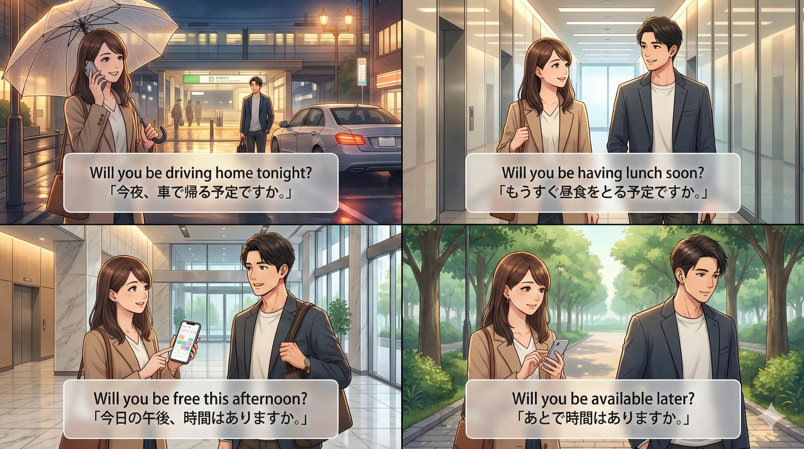 未来進行形で丁寧に予定をたずねる：Will you be ～ing ... ? のイメージ