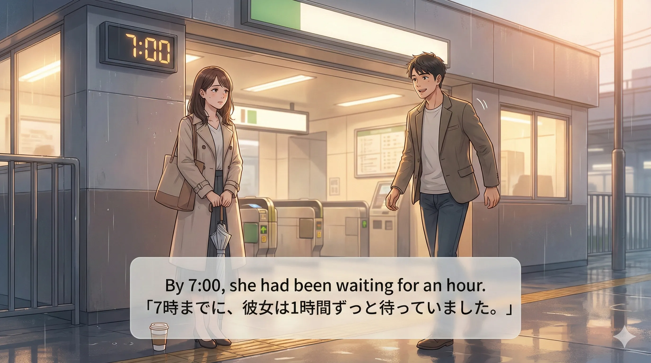 過去完了進行形（動作の継続）：過去のある時点までずっと続いていた動作を示す図