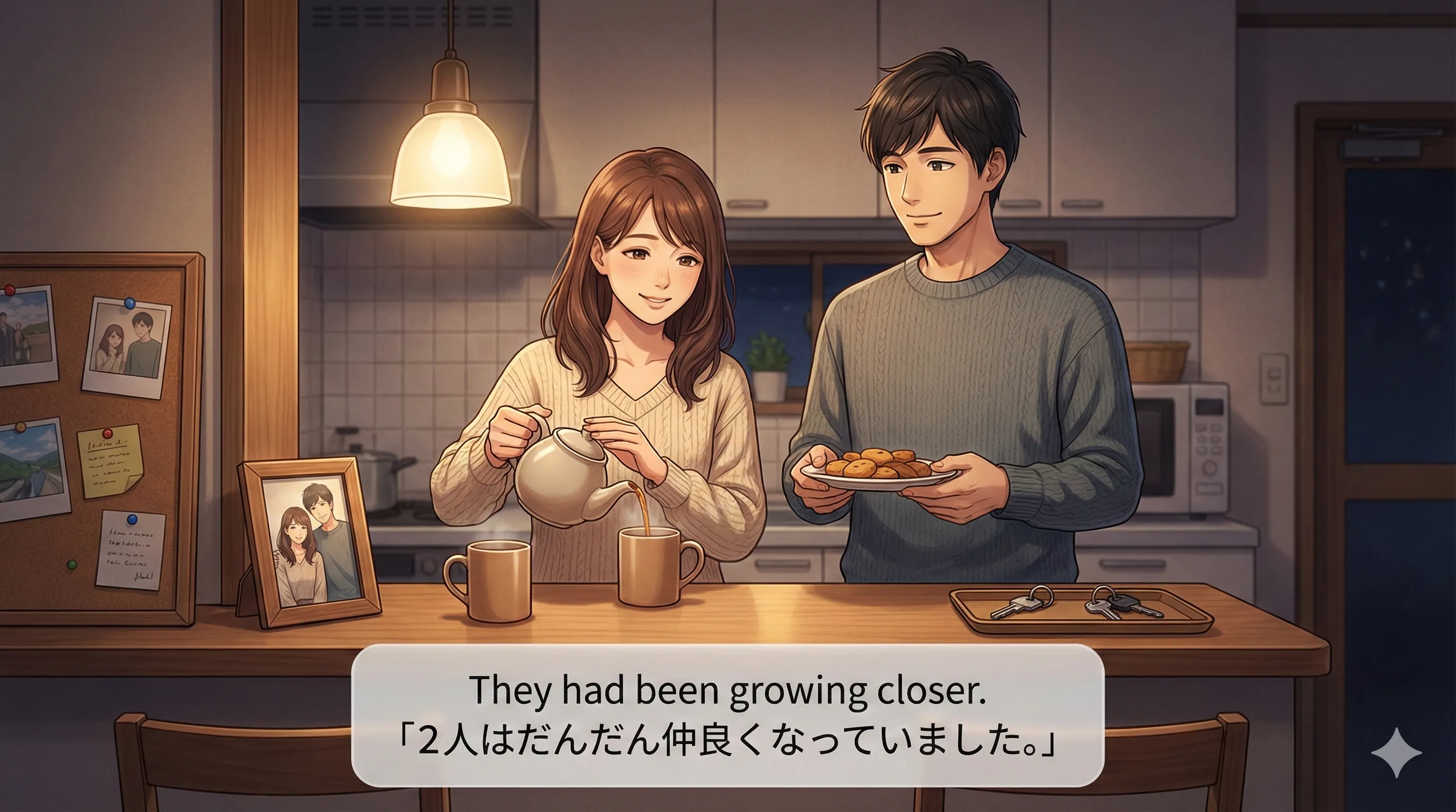 過去完了進行形（感情・関係の積み重ね）：時間をかけて信頼や気持ちが積み重なる背景を示す図