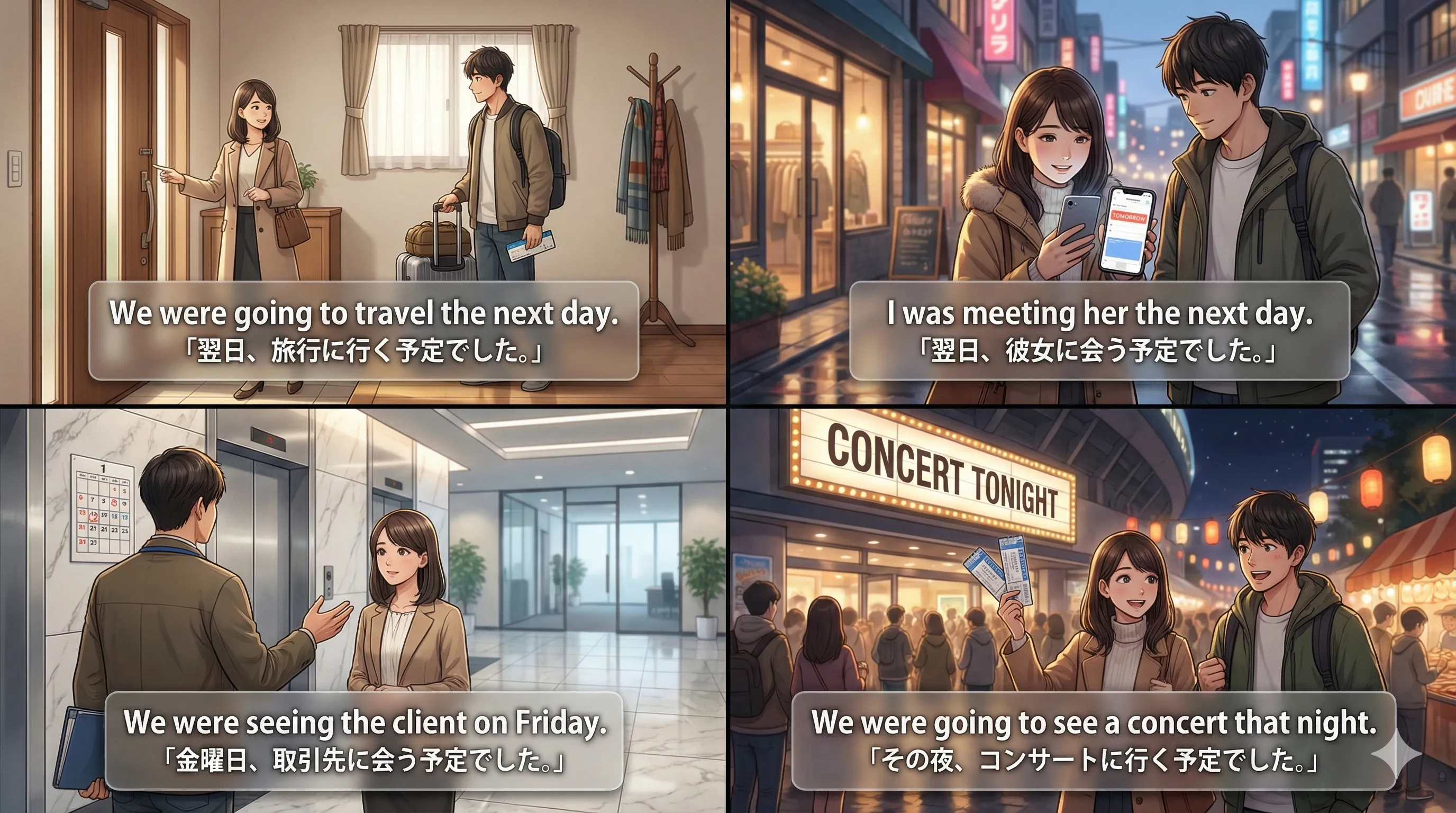 過去の視点で見た未来：そのときは〜する予定だった（was/were + ing の予定用法）