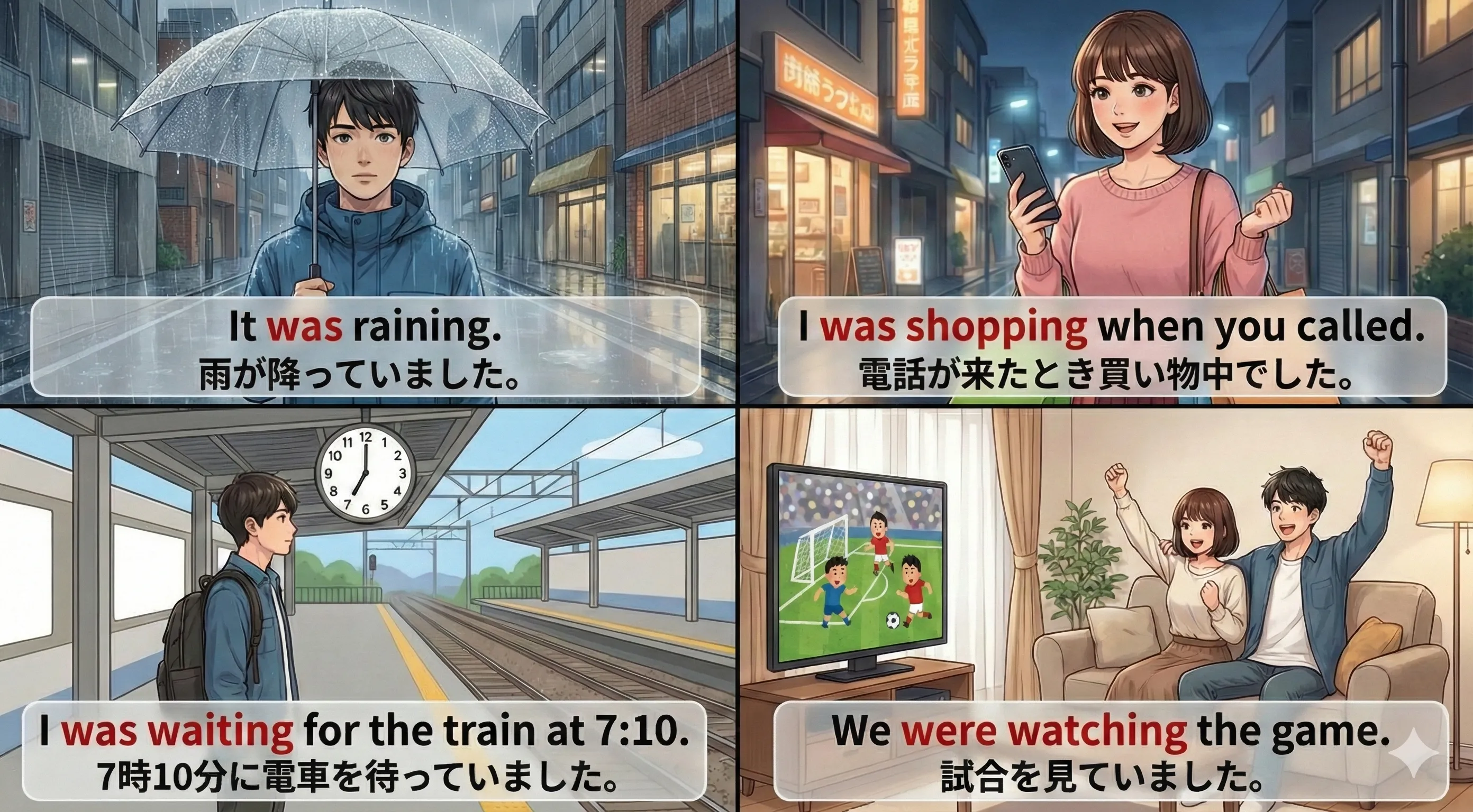 過去進行形 was/were + ing：過去のある時点で進行中・背景説明・同時進行のイメージ