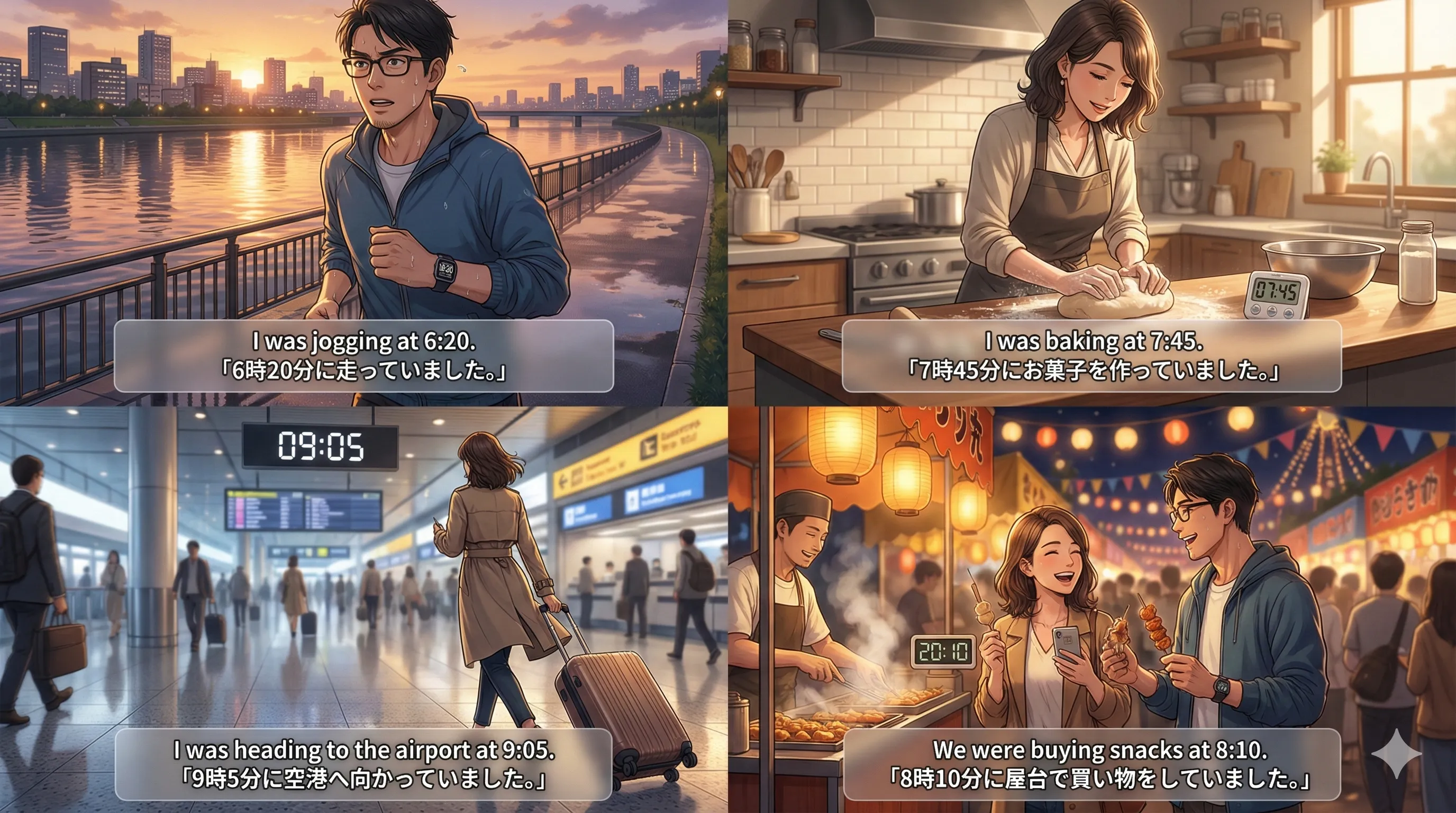 過去進行形：過去のある時点で進行中（そのとき〜していた）というイメージ