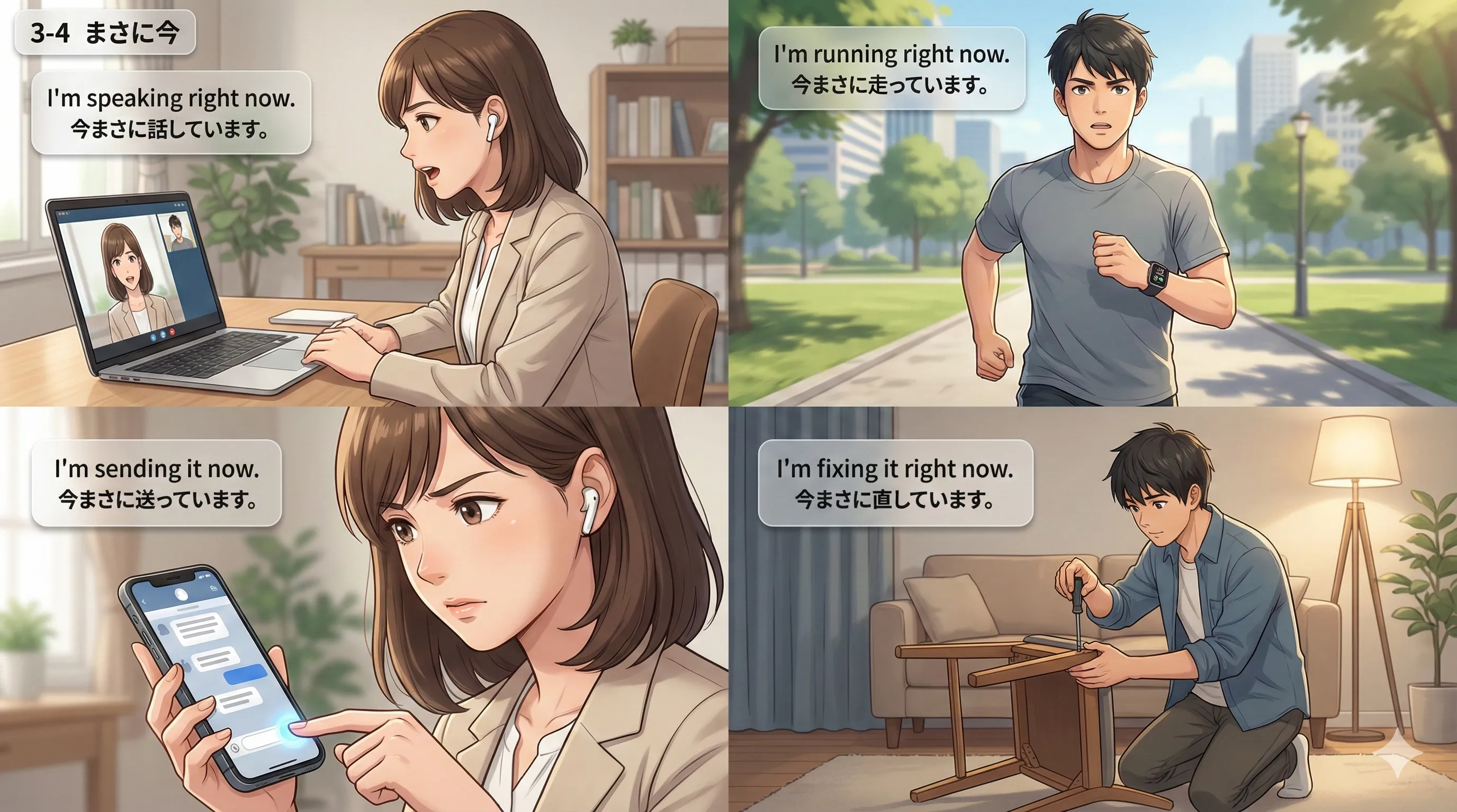 現在進行形で強調：まさに今の臨場感（right now / exactly / Look! など）