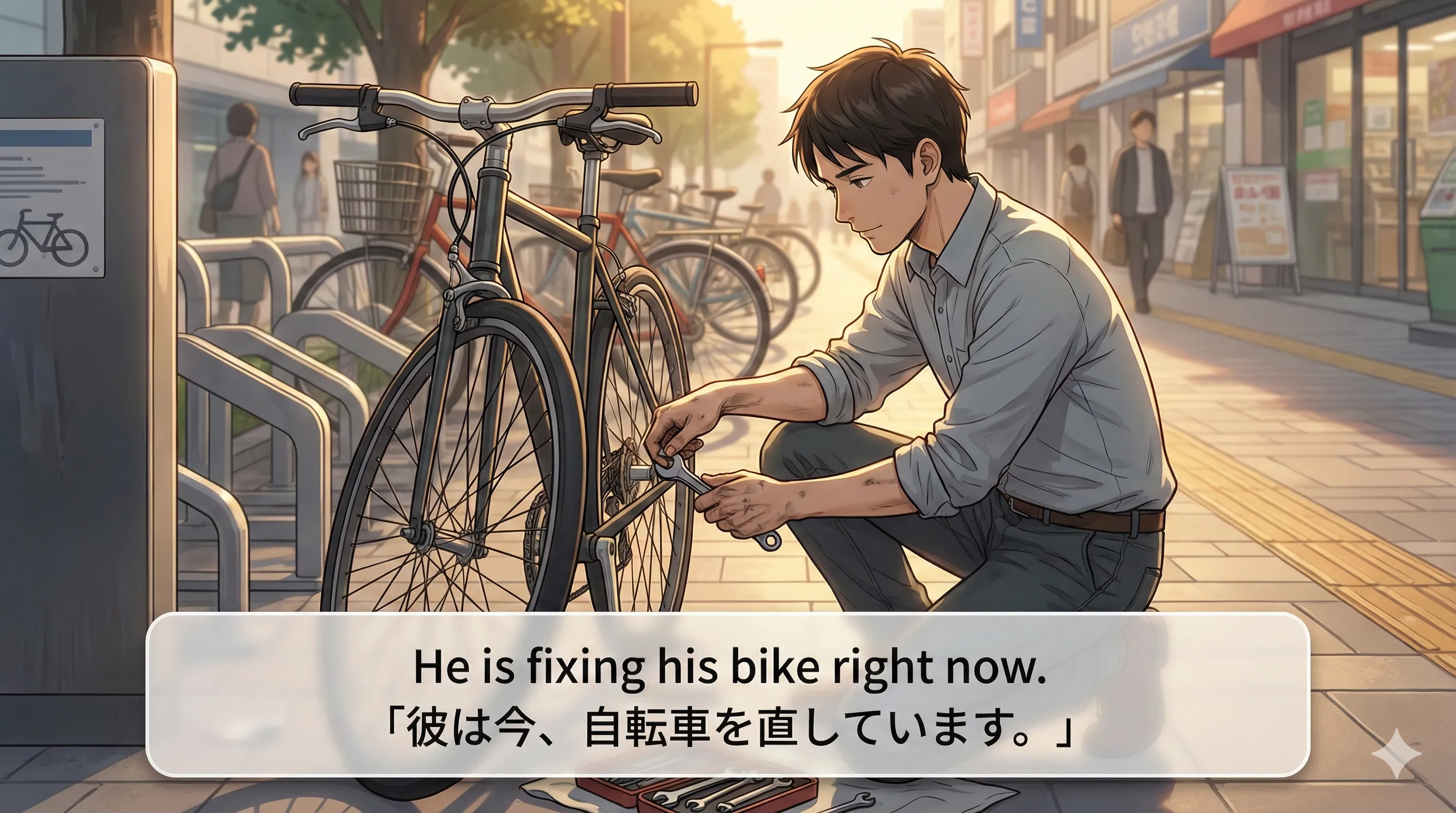 進行時制（be + ～ing）のイメージ：ある時点で進行中の動作を切り取る