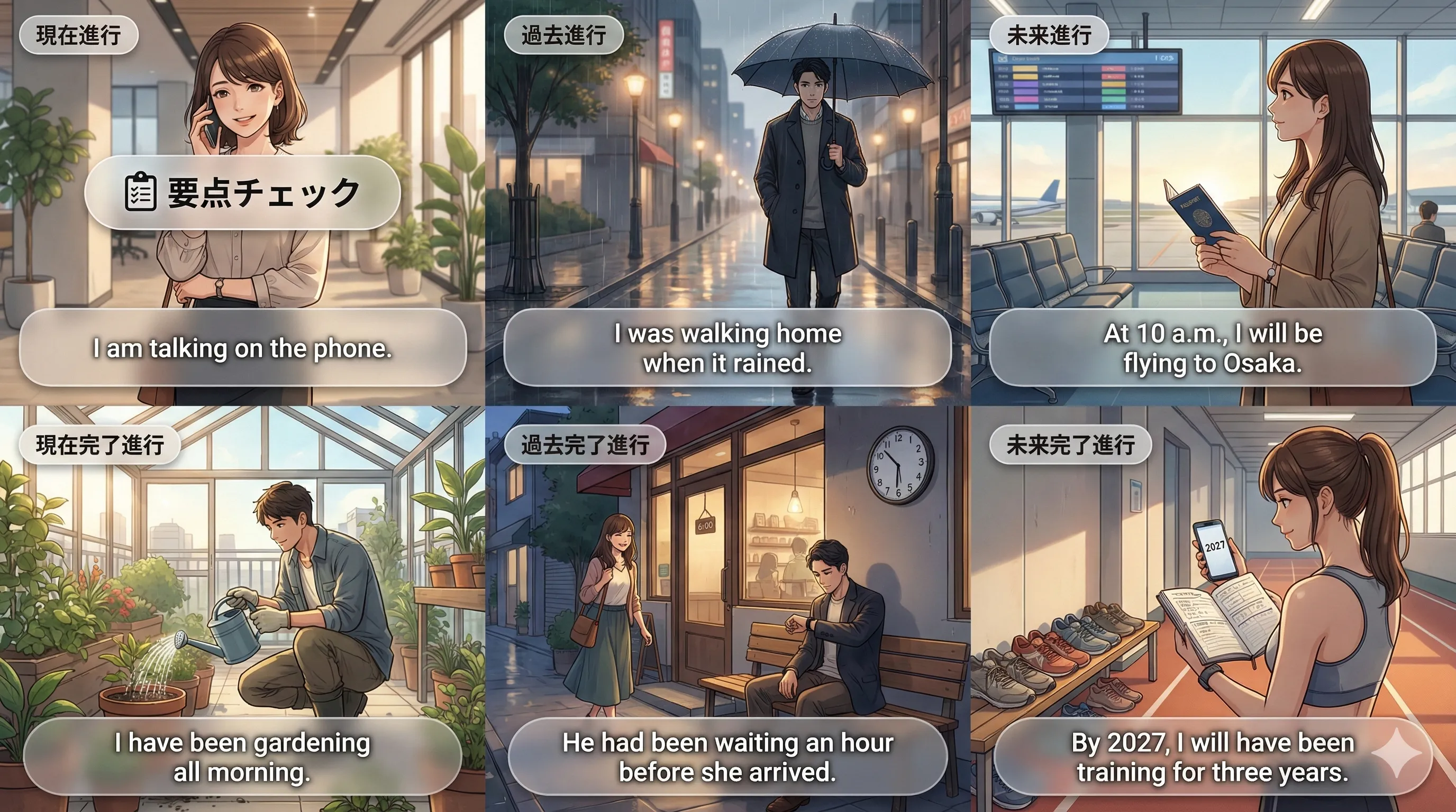 進行時制（be + ～ing）のまとめ：現在・過去・未来・完了進行までの要点チェック図