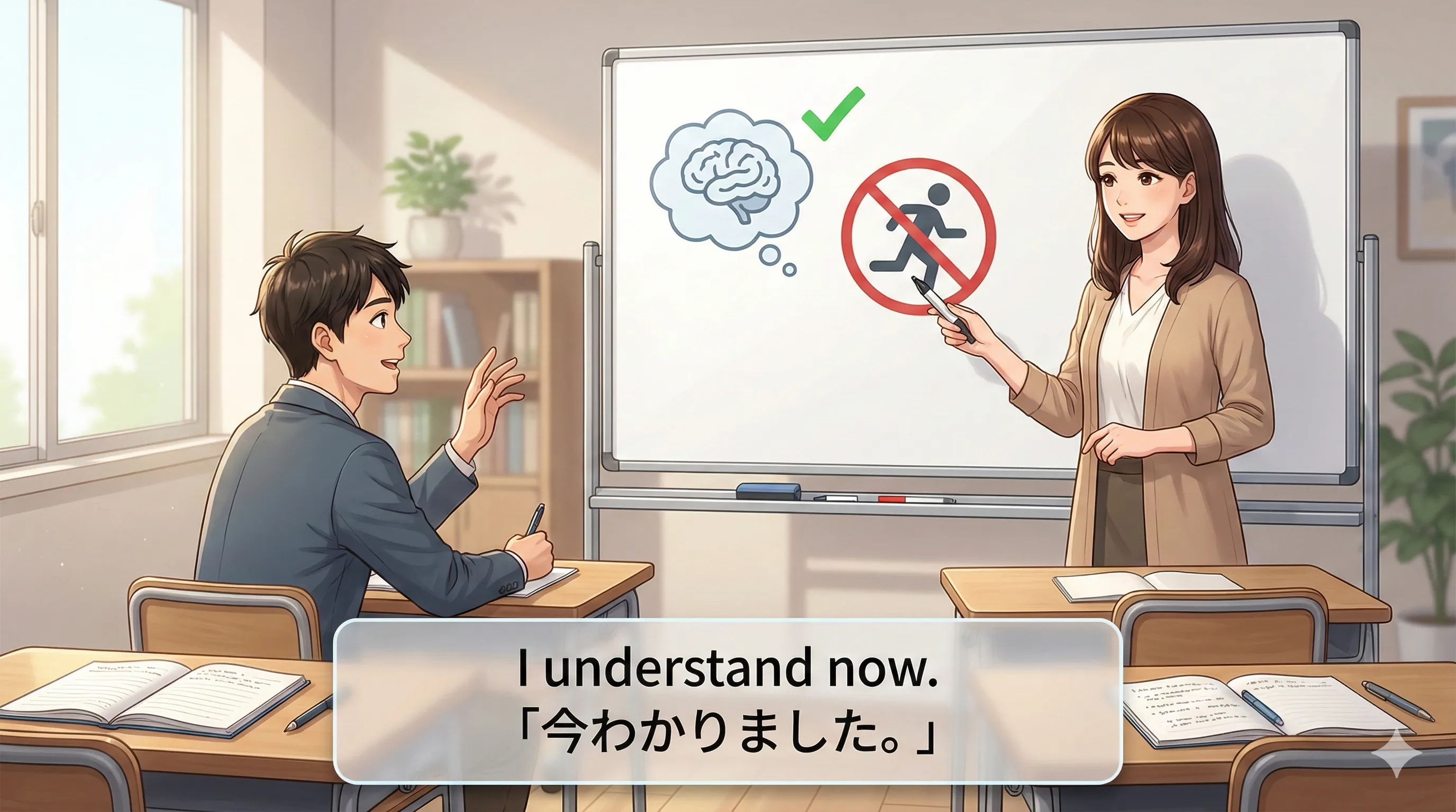 進行形にできない動詞（状態動詞）：感情や知識は基本的に進行形にしないルールの図