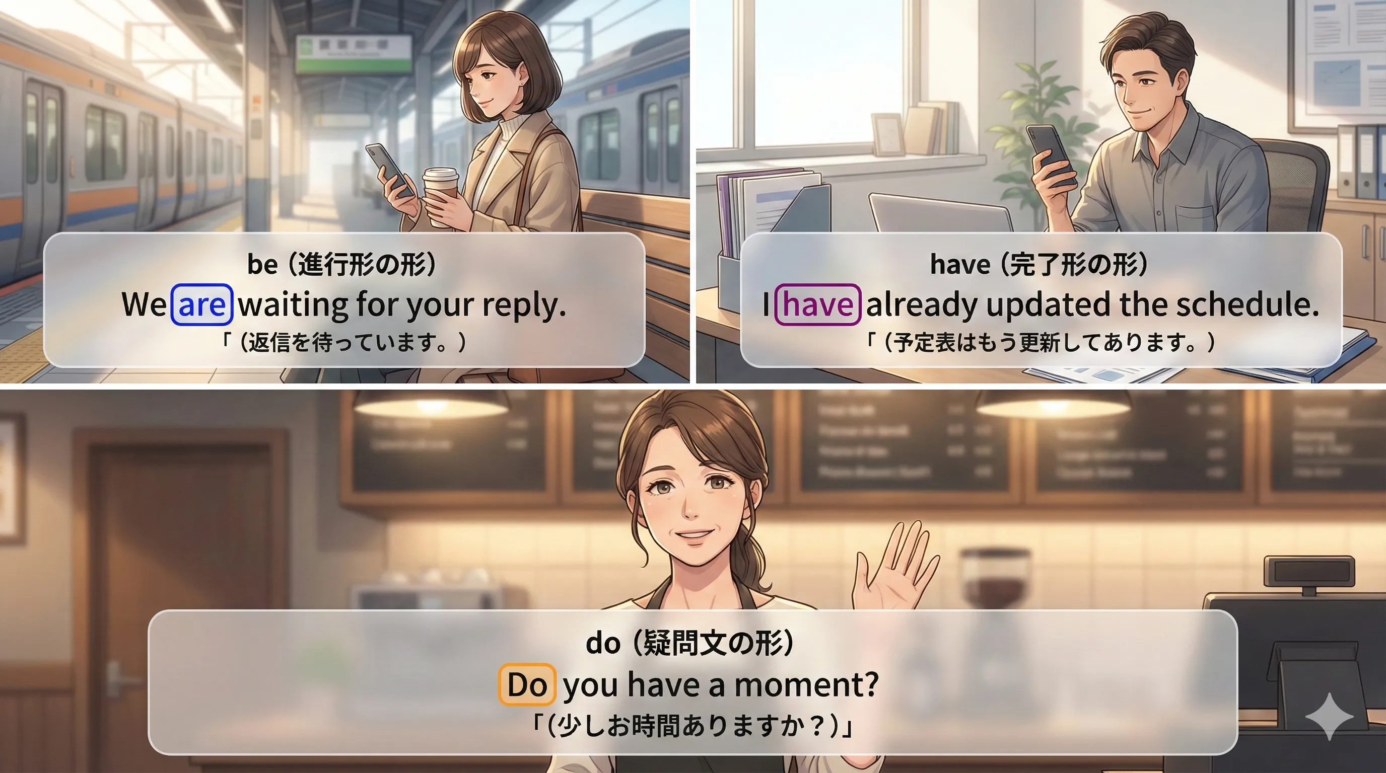 be / have / do が文の形を作るイメージ図（進行形・完了形・疑問/否定）