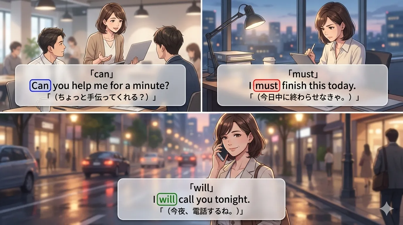 法助動詞（can / must / will など）のイメージ図