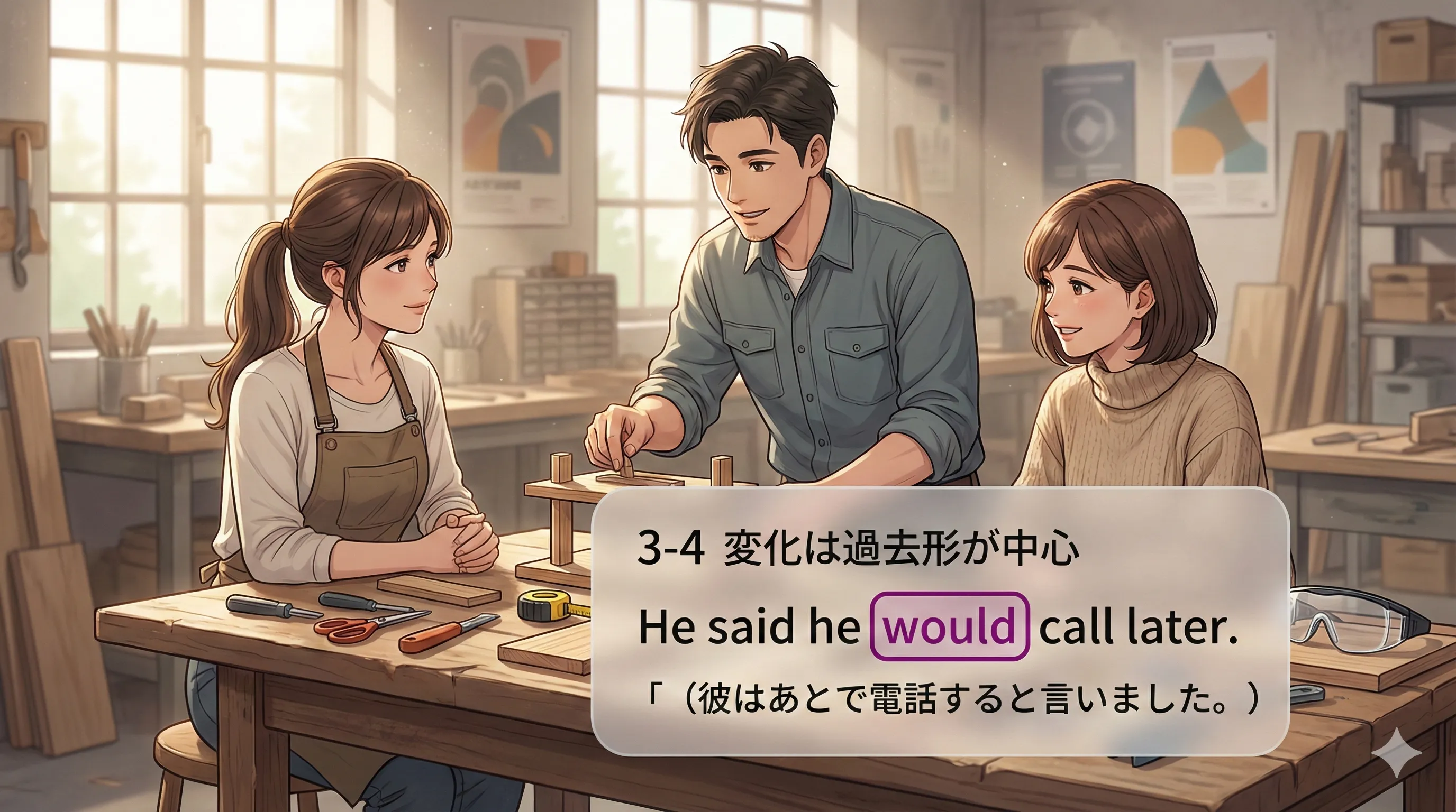 助動詞の変化は過去形が中心（can→could / will→would など）のイメージ図