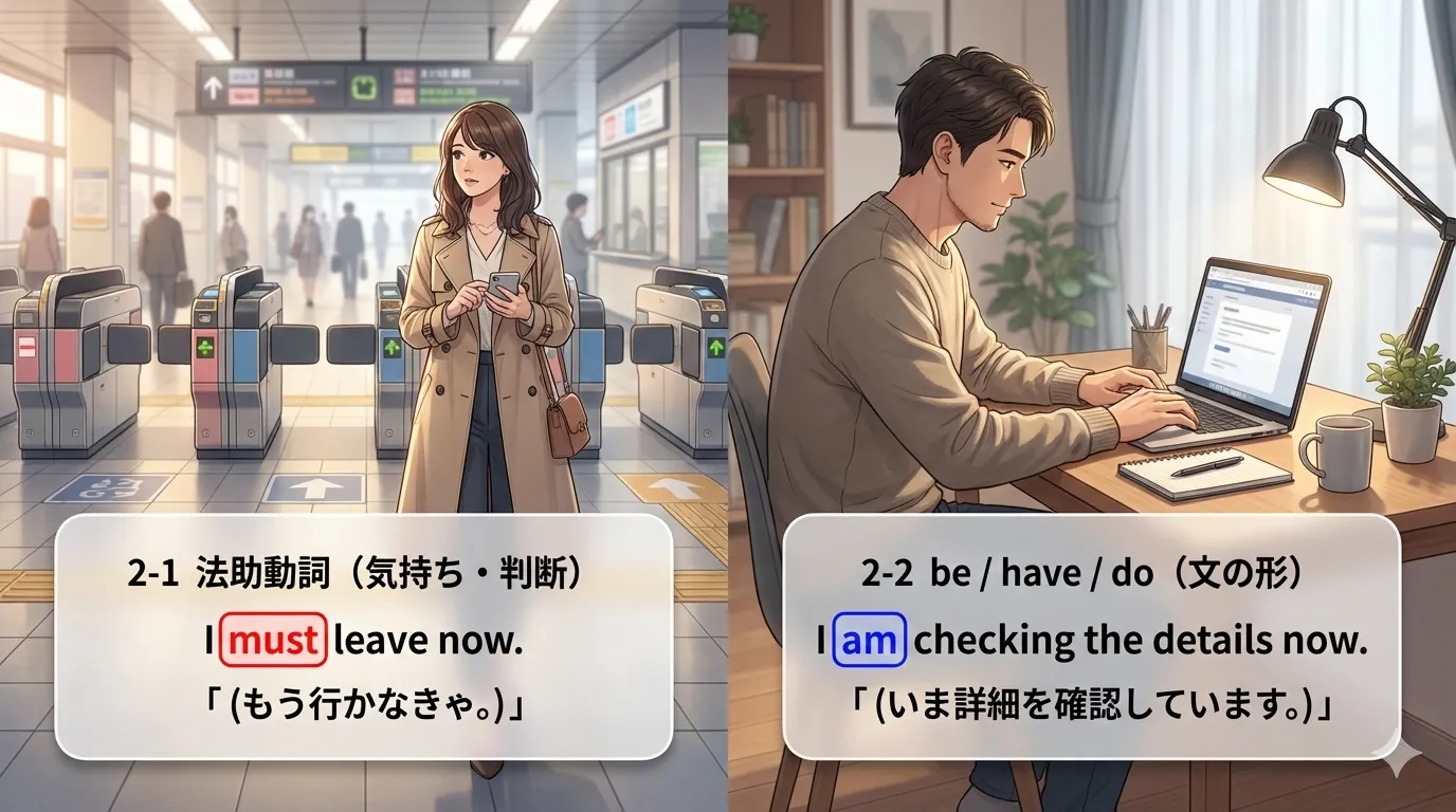 助動詞の2タイプ（法助動詞と be/have/do）イメージ図