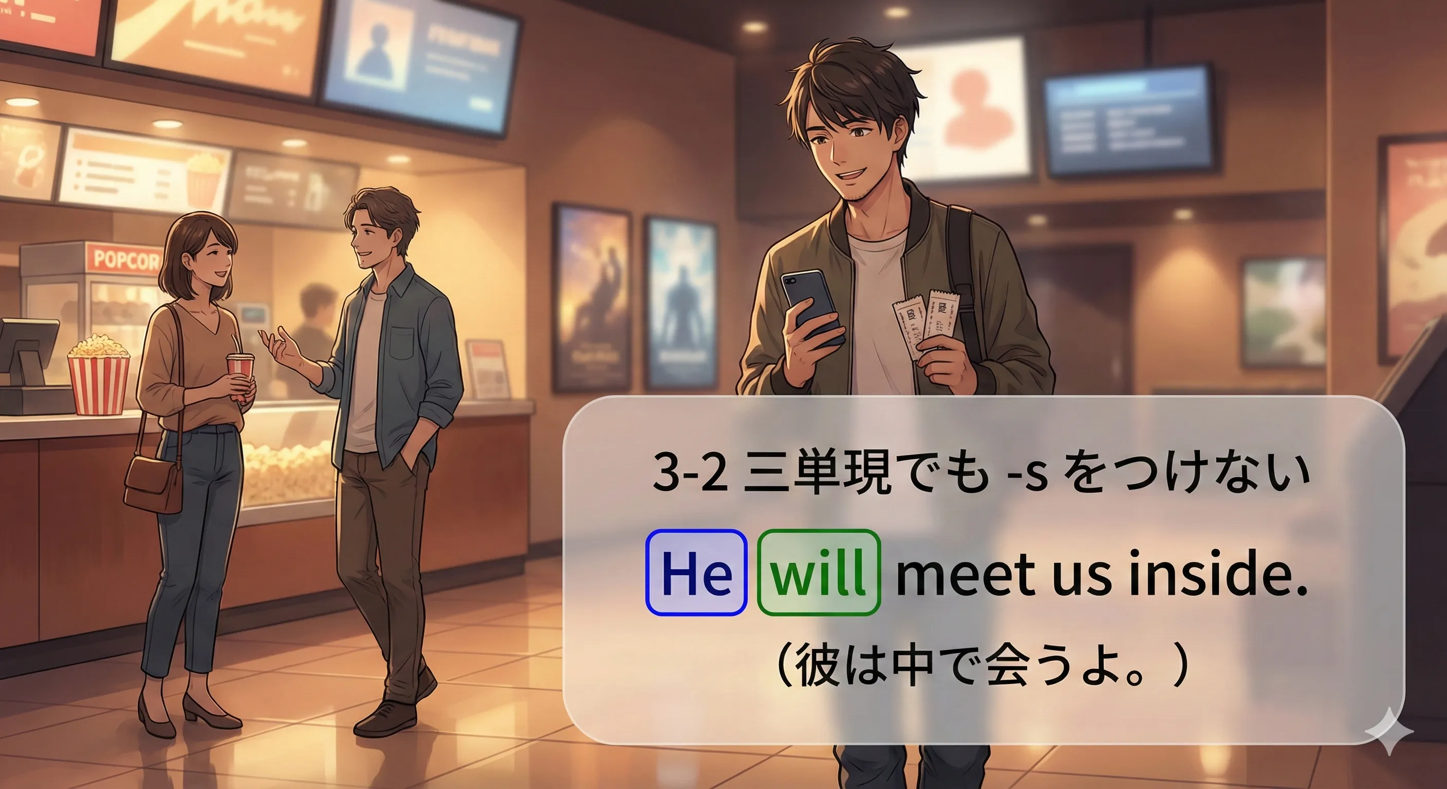 助動詞は三単現でも -s を付けないイメージ図