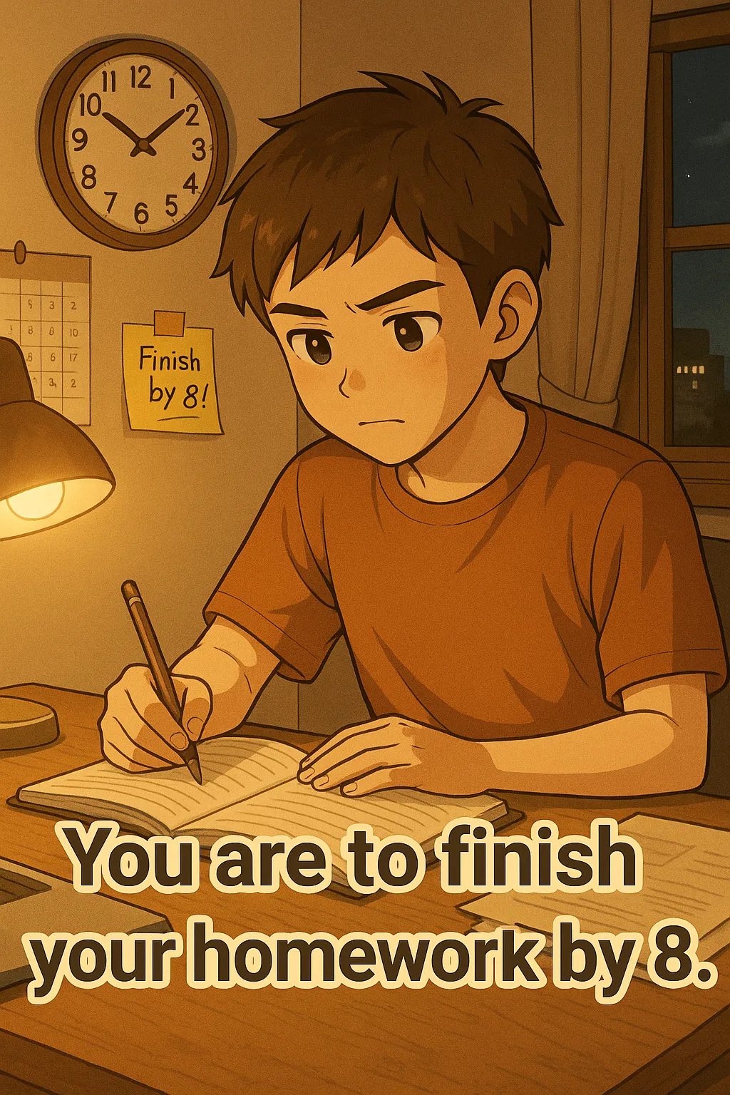 You are to finish your homework by 8. のイメージ