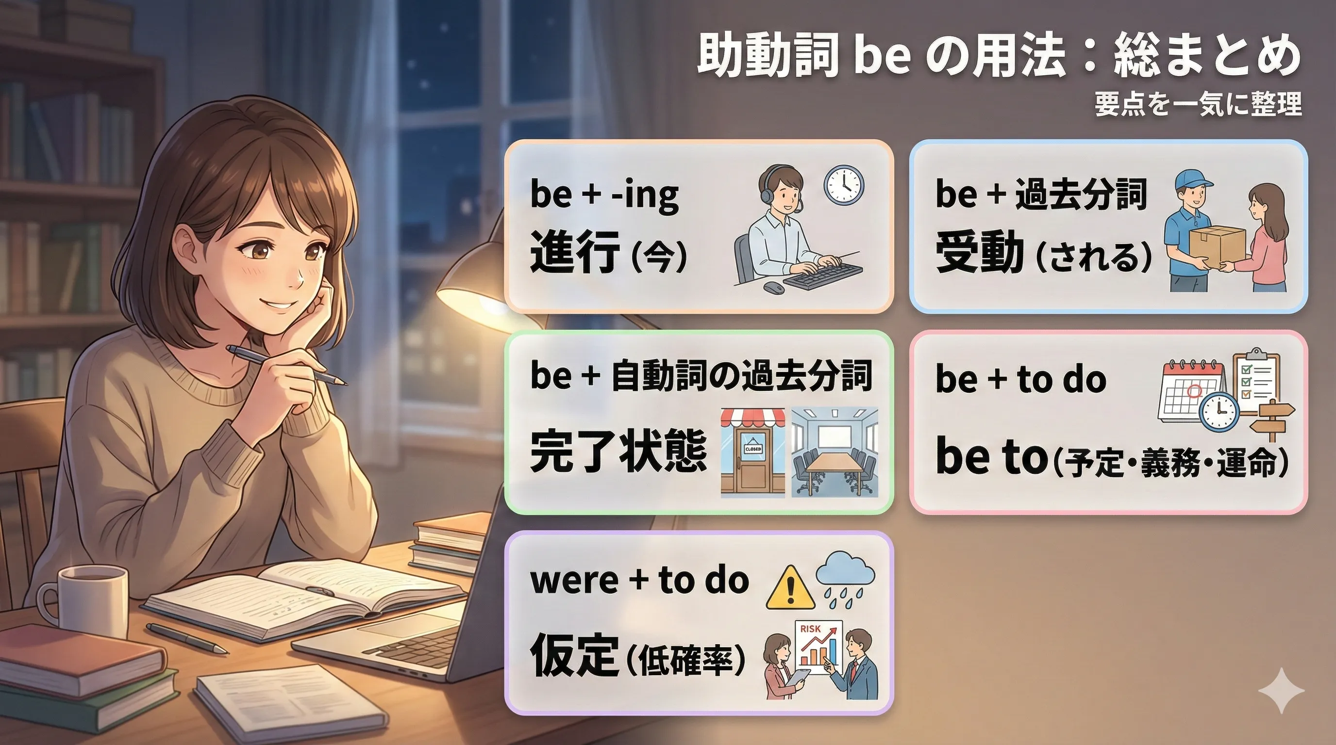 助動詞 be の用法まとめ：進行形・受動態・完了状態・be to の整理図