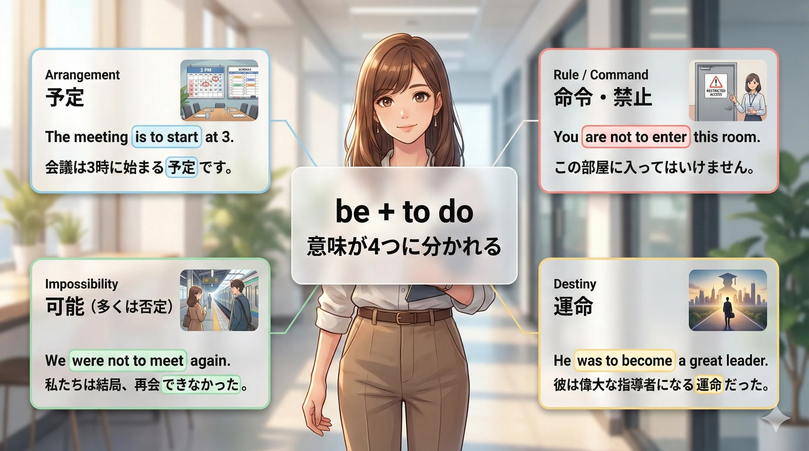 be + to do の4つの意味（予定・命令・可能・運命）を文脈で整理