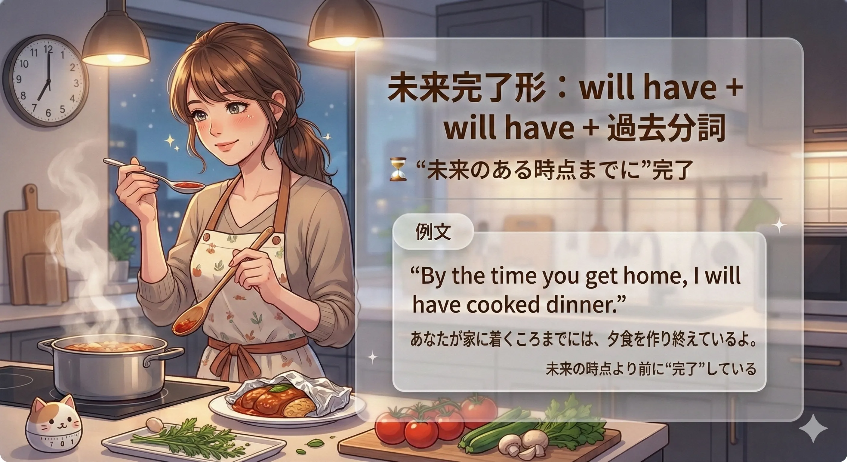 未来完了（will have + 過去分詞）：未来のある時点までに完了しているイメージ図