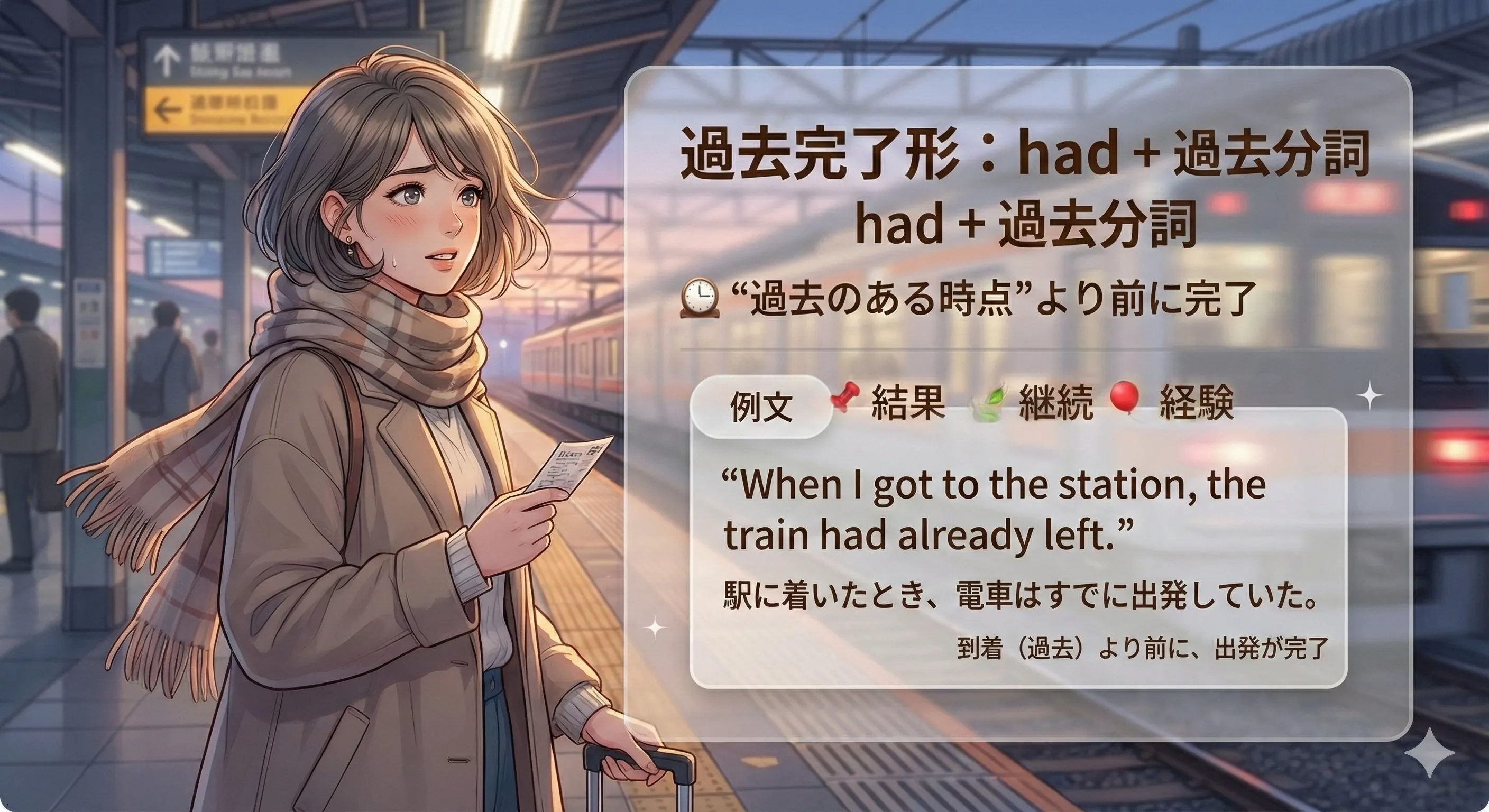 過去完了（had + 過去分詞）：過去の中の『さらに前』を示すタイムライン図