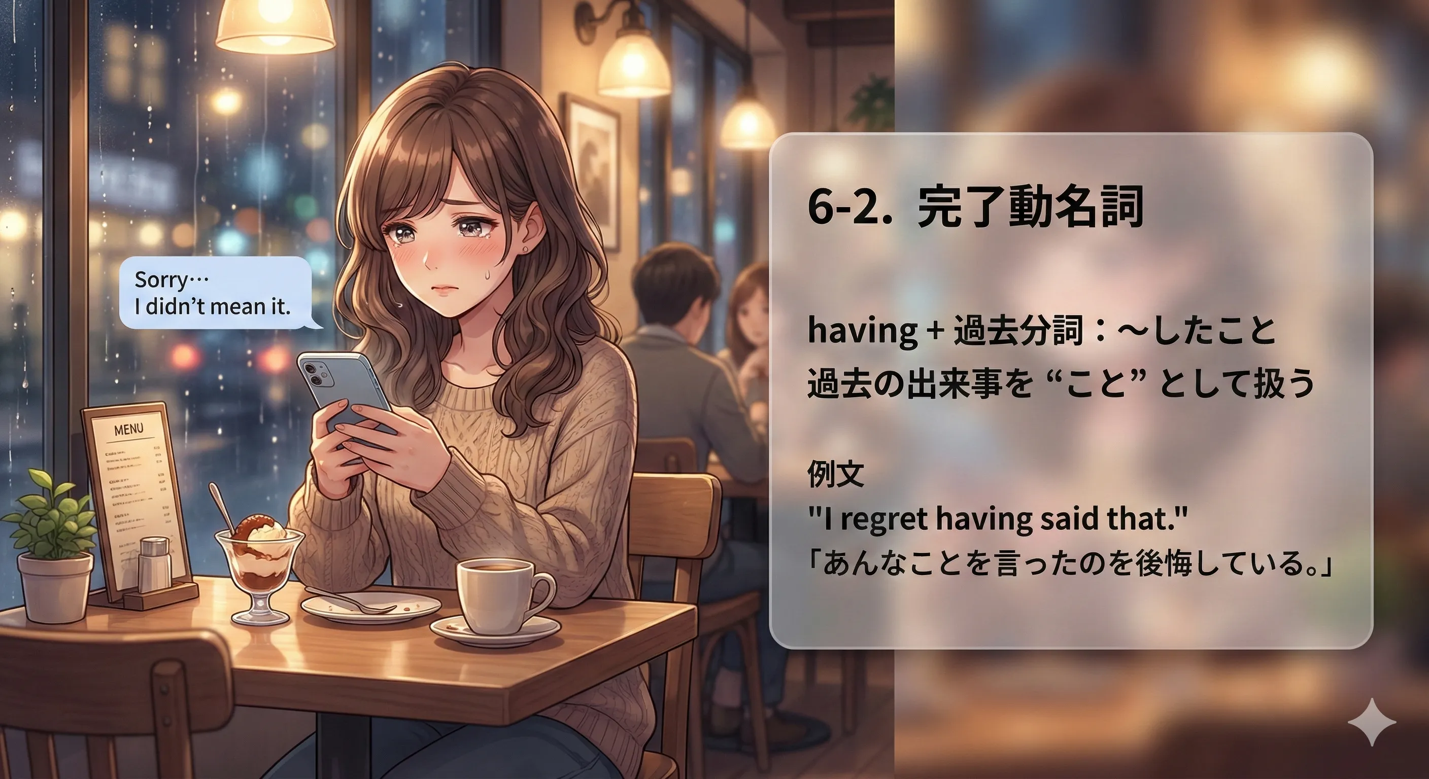 完了動名詞 having + 過去分詞：主節より前の出来事を名詞として表す（regret / deny / admit など）