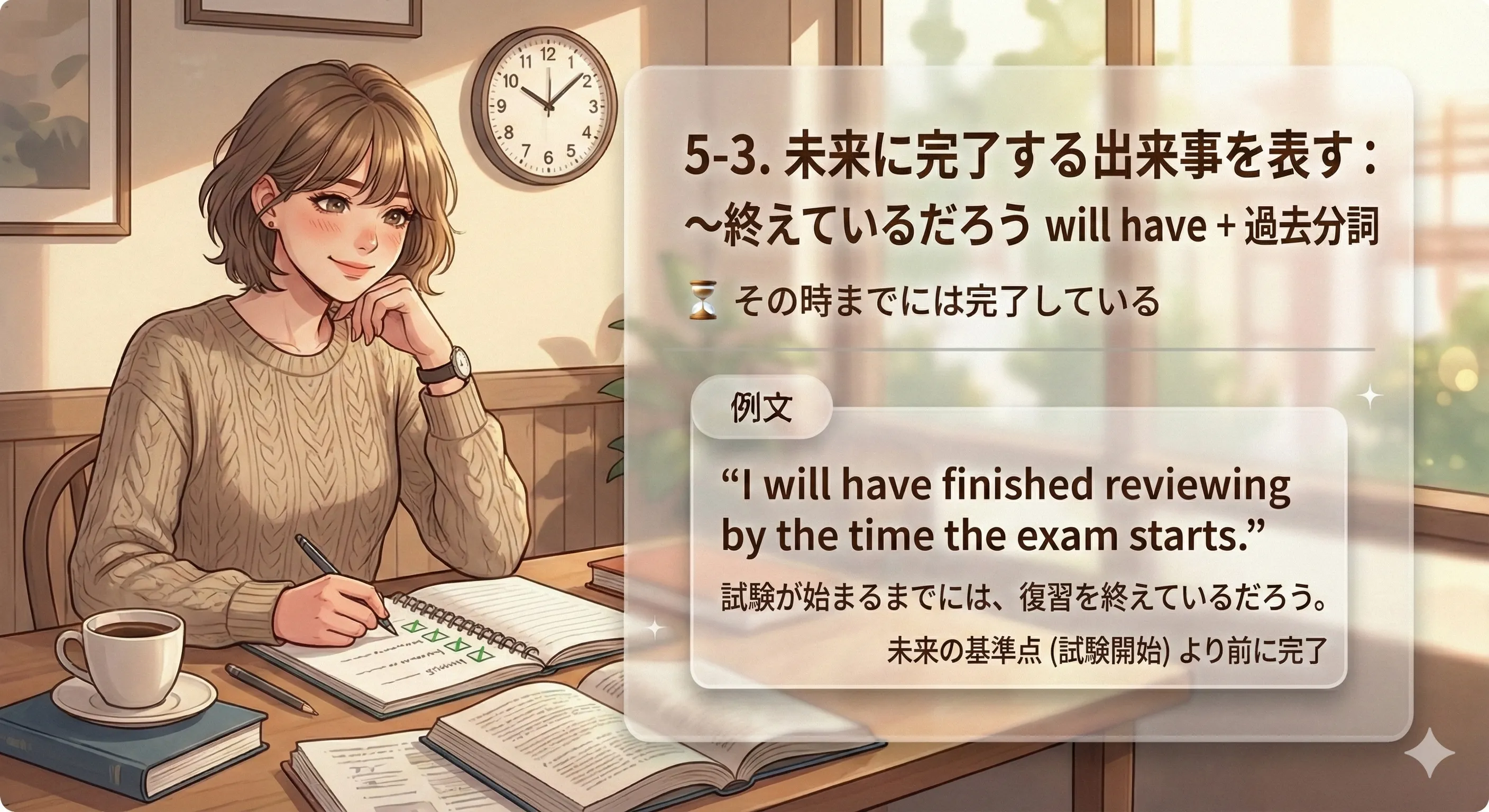 完了不定詞（未来完了イメージ）：plan/expect/hope + to have + 過去分詞 + by/before の図