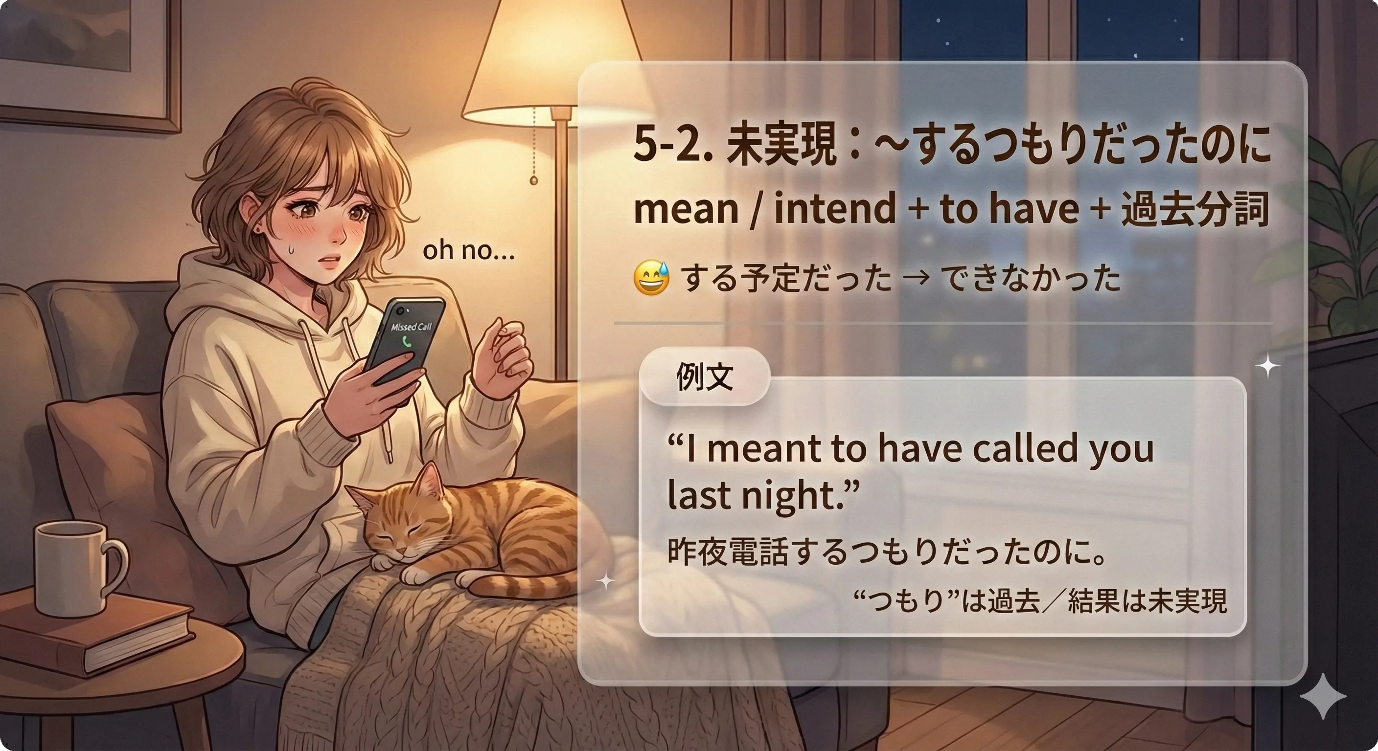 完了不定詞：未実現（～するつもりだったのに）のイメージ