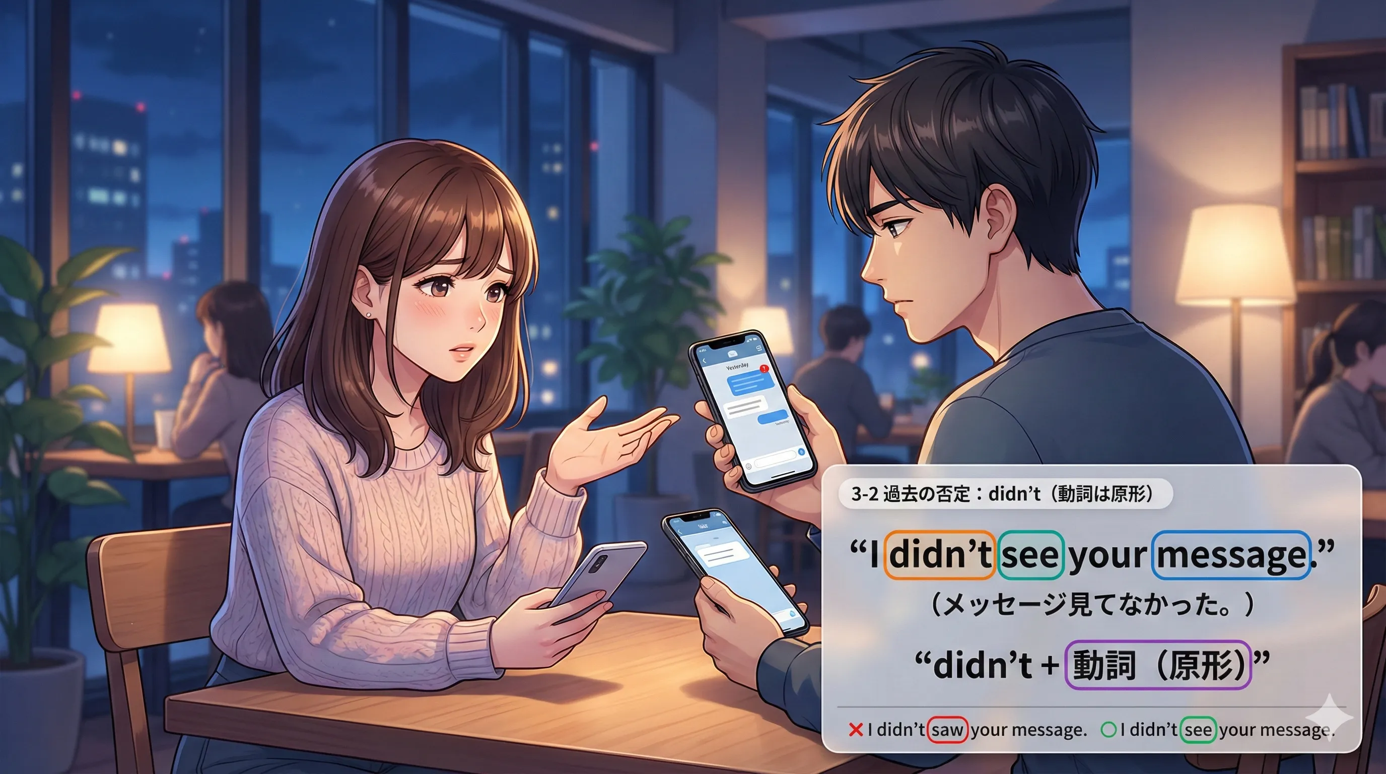 didn’t（did not）で作る過去の否定：did が過去を担当し、動詞は原形に戻る