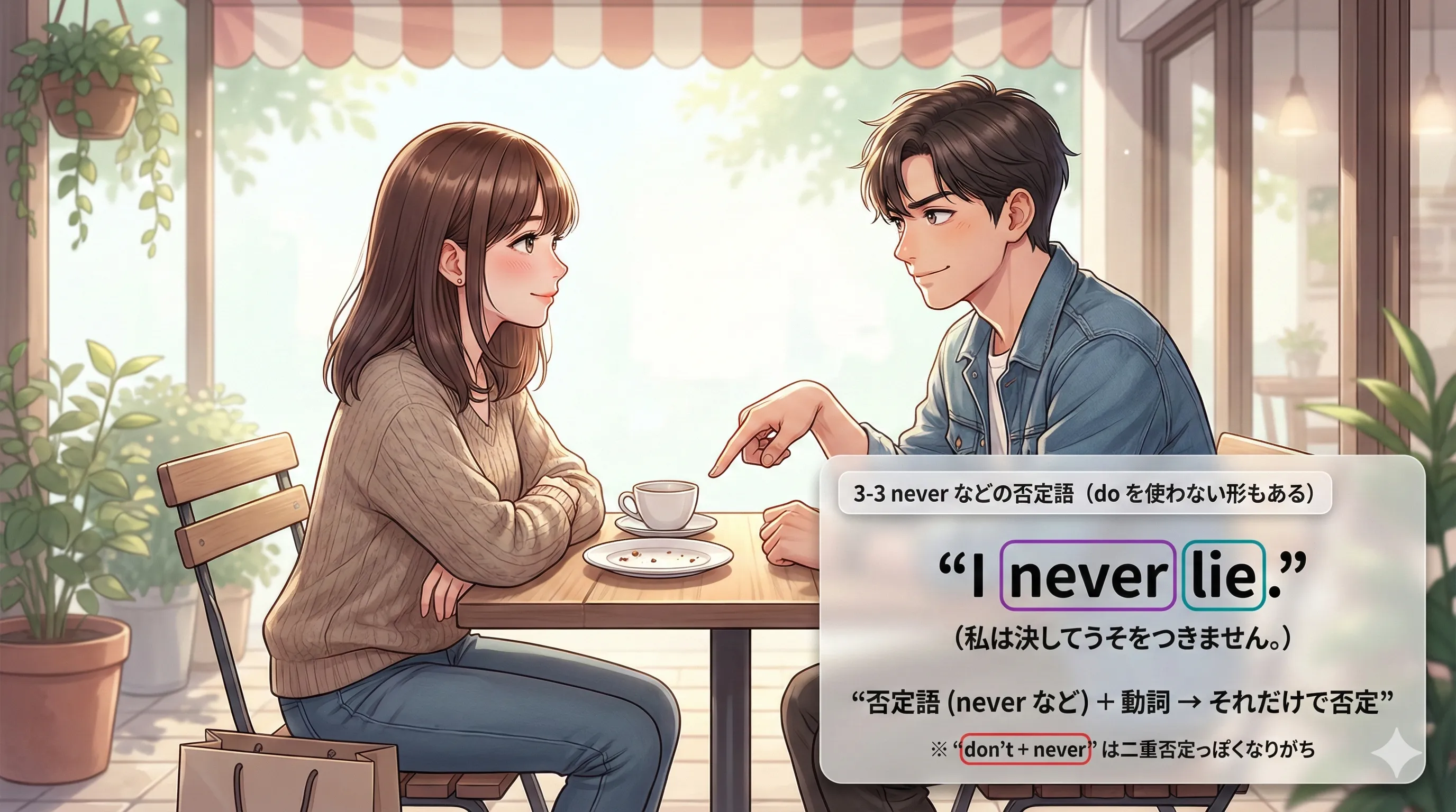 never / rarely / hardly ever / no longer などの否定語で否定を作る位置とポイント