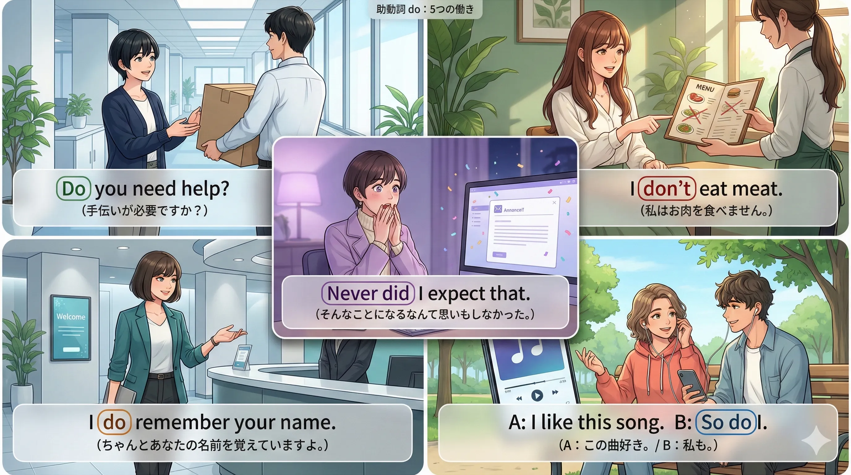 助動詞 do の5つの働き（疑問・否定・強調・倒置・代動詞）を全体像で整理した図