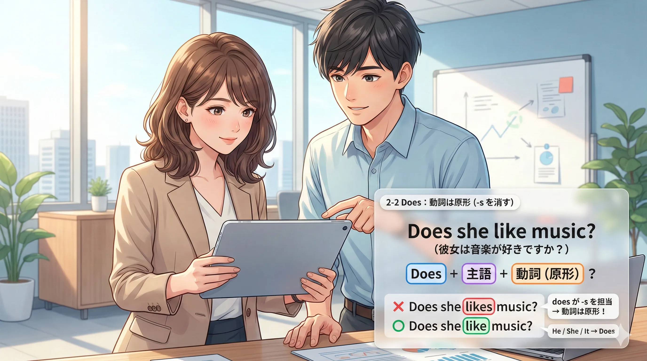 Does の疑問文：Does の後は動詞の原形（-s を消す）を図で整理