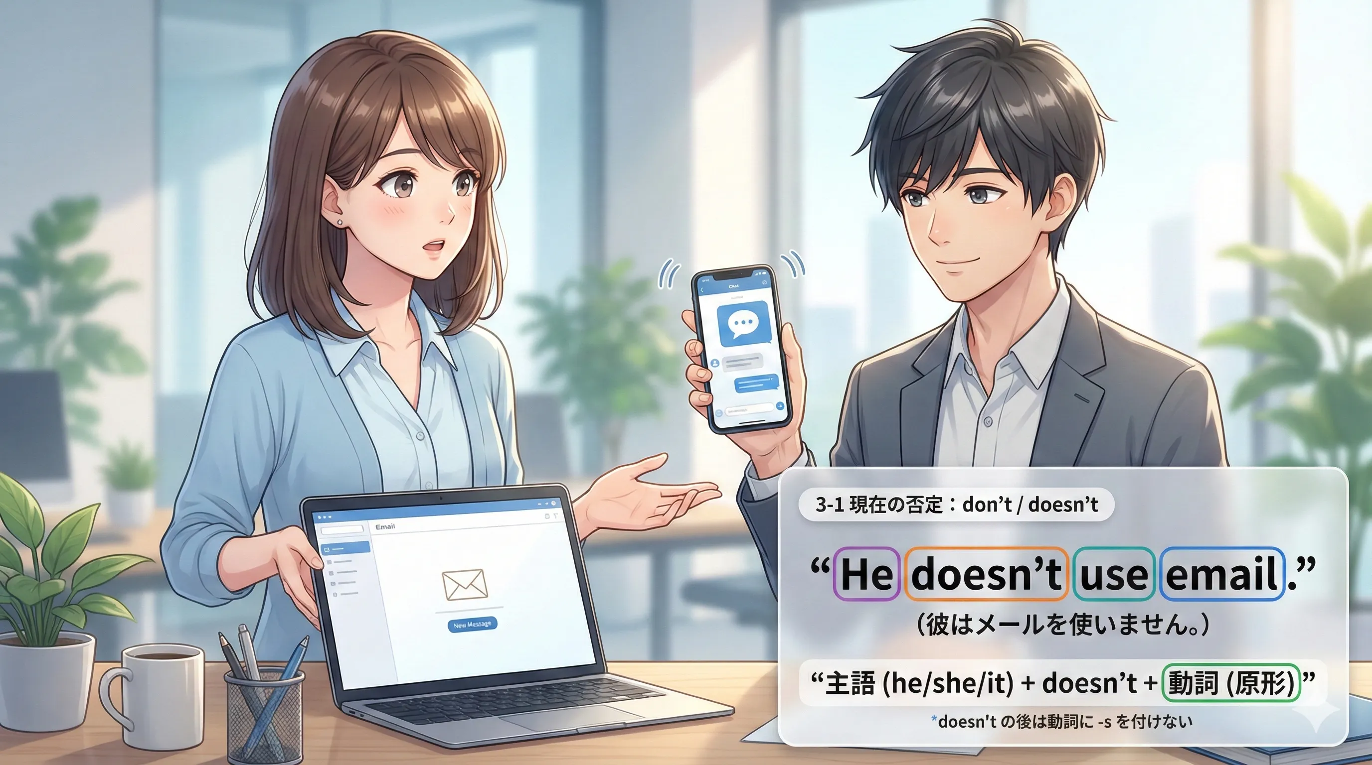 don’t / doesn’t の使い分け（現在の否定）：主語と動詞の形を図で整理