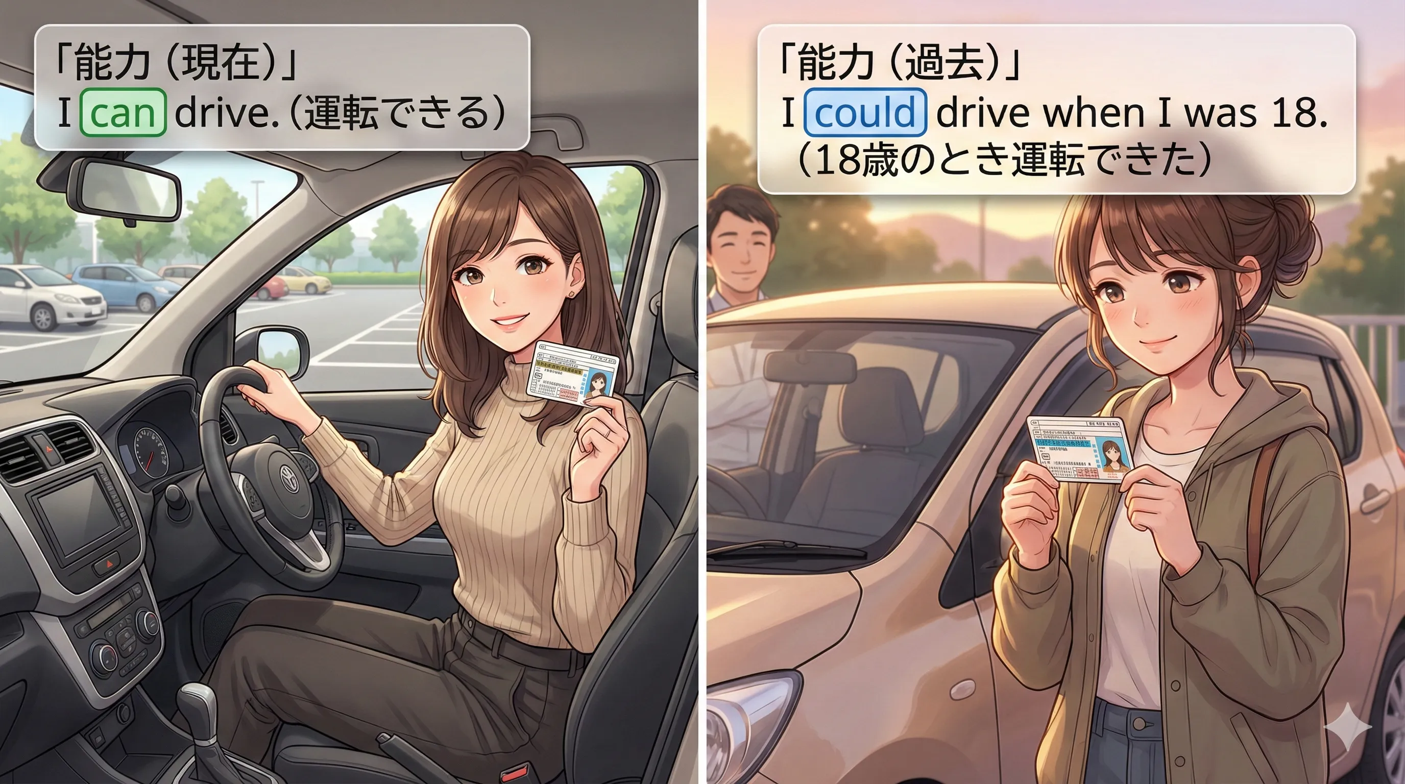 can / could の能力用法：現在の能力（can）・過去の能力（could）・時制を広げる be able to を図で整理