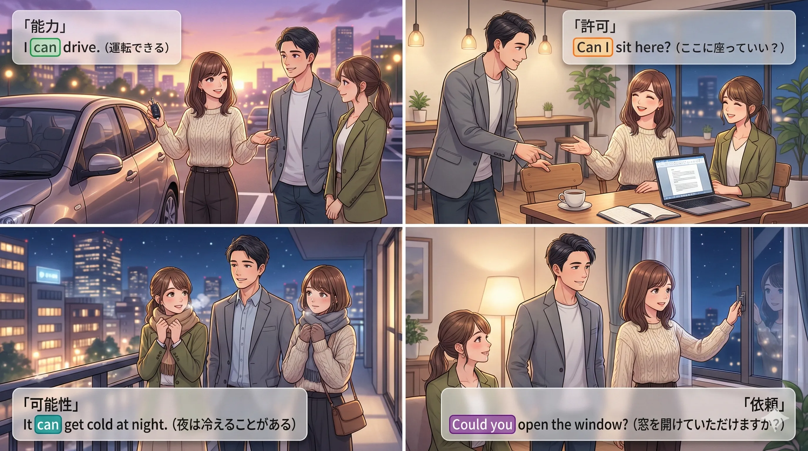 can / could の全体像：能力・許可・可能性・依頼・提案を一枚で整理