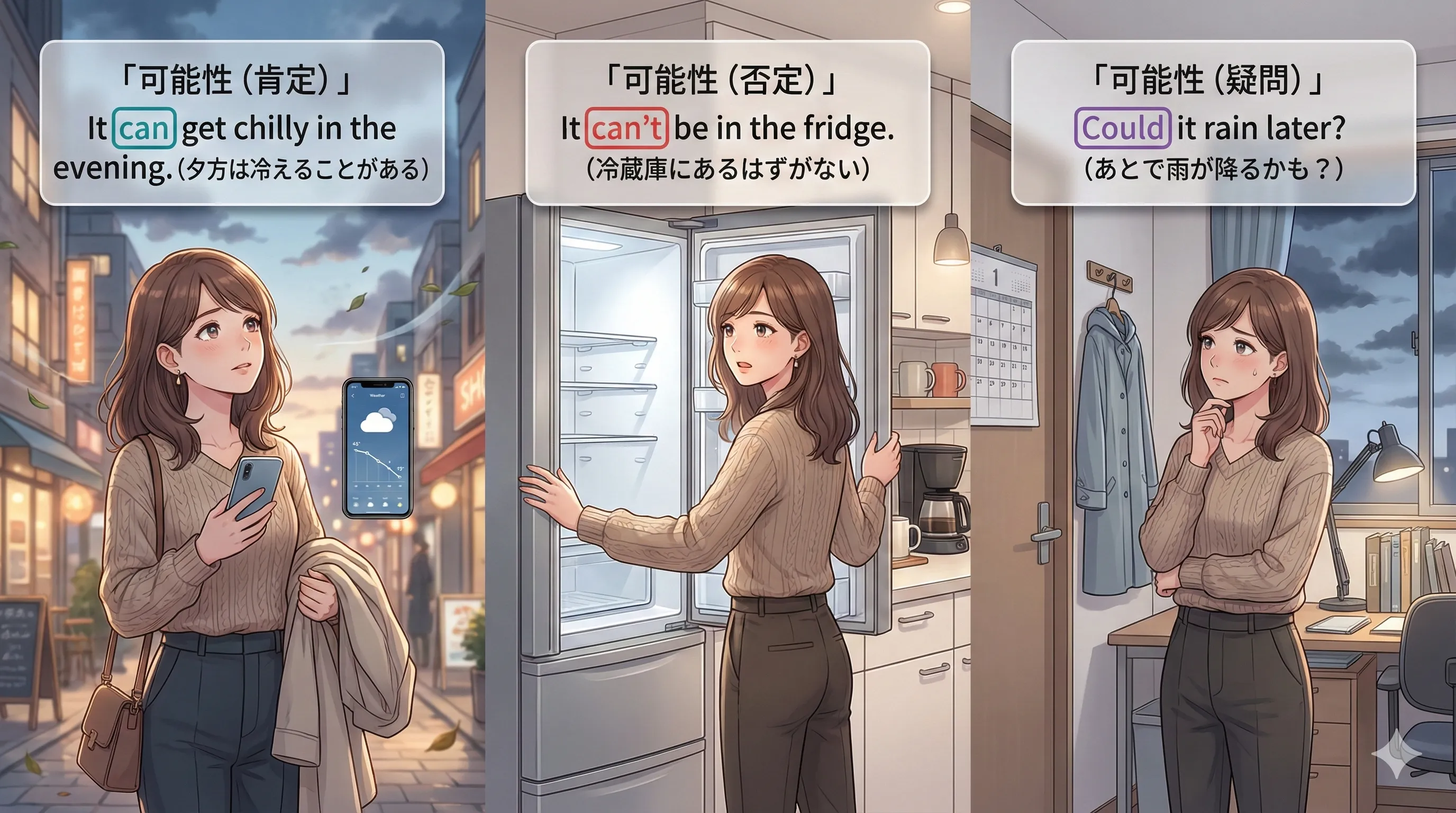 can / could の可能性：肯定（起こりうる）・否定（ありえない）・疑問（まさか？）を整理