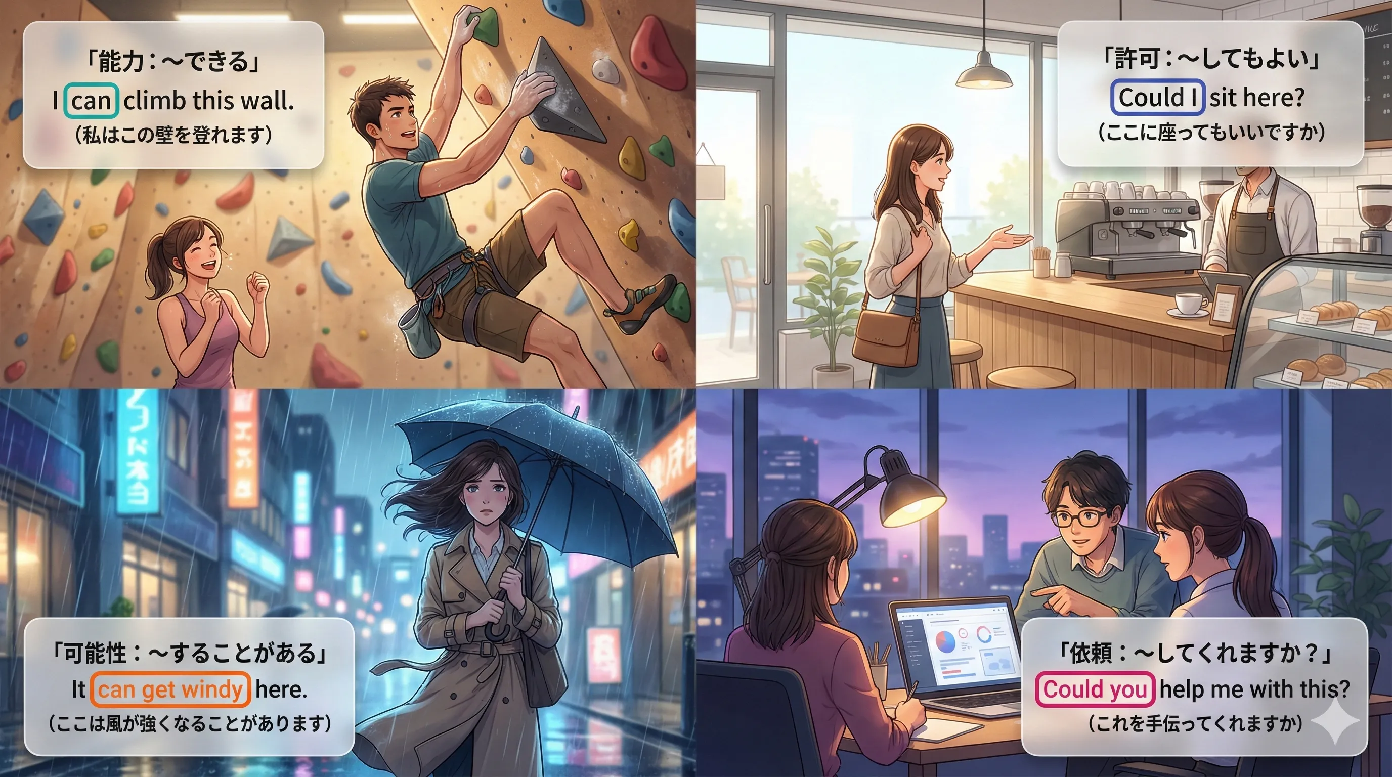 can / could の用法まとめ：能力・許可・可能性・依頼・慣用表現を1枚で整理